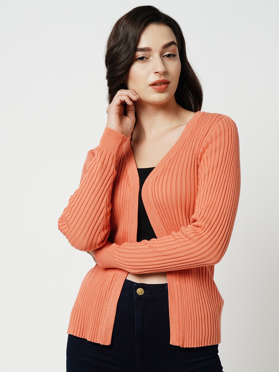 

ONLY Ribbed V-Neck Pure Cotton Front-Open Sweater, Peach