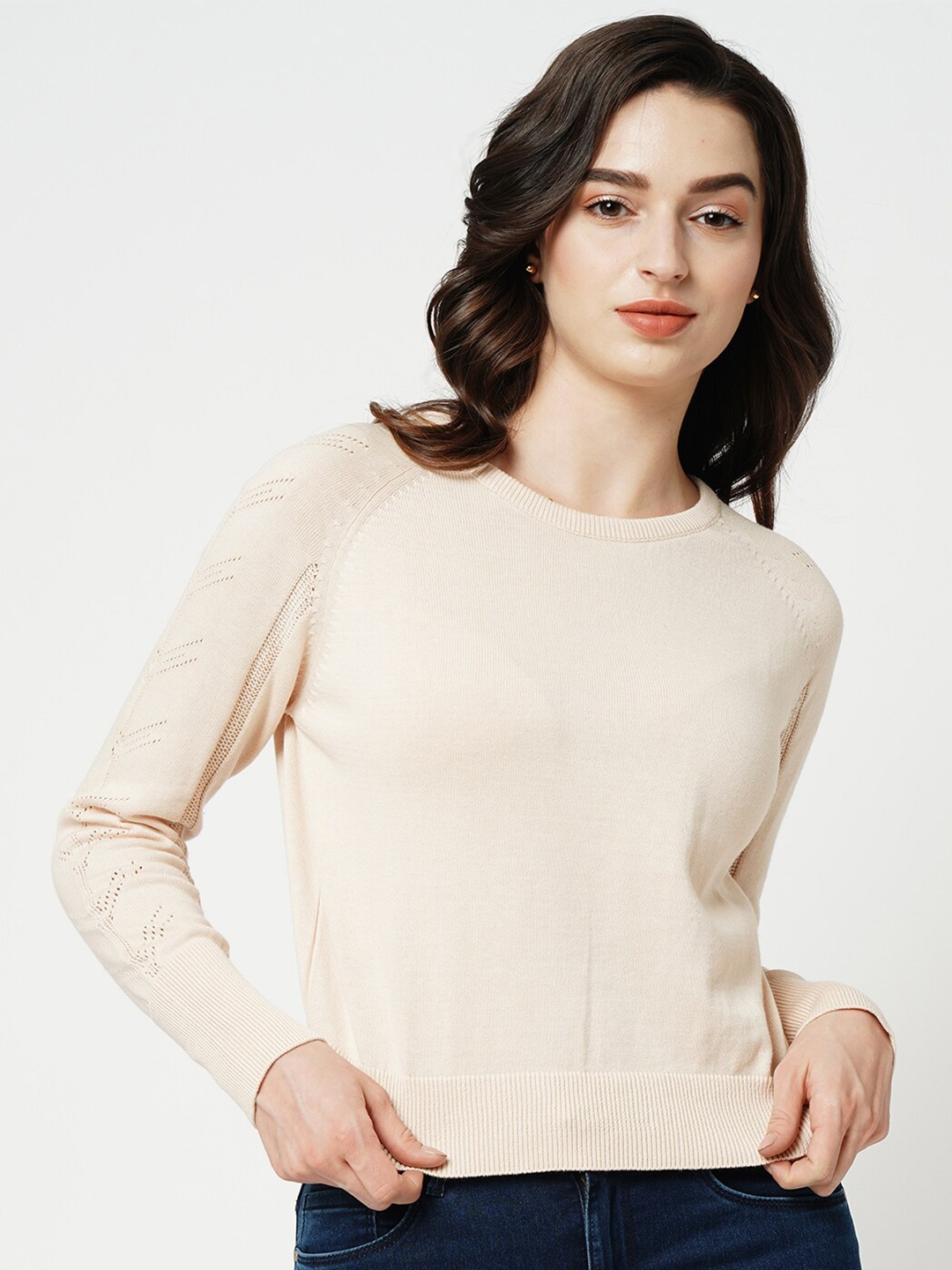 

ONLY Open Knit Self Design Round Neck Pure Cotton Pullover Sweater, Beige