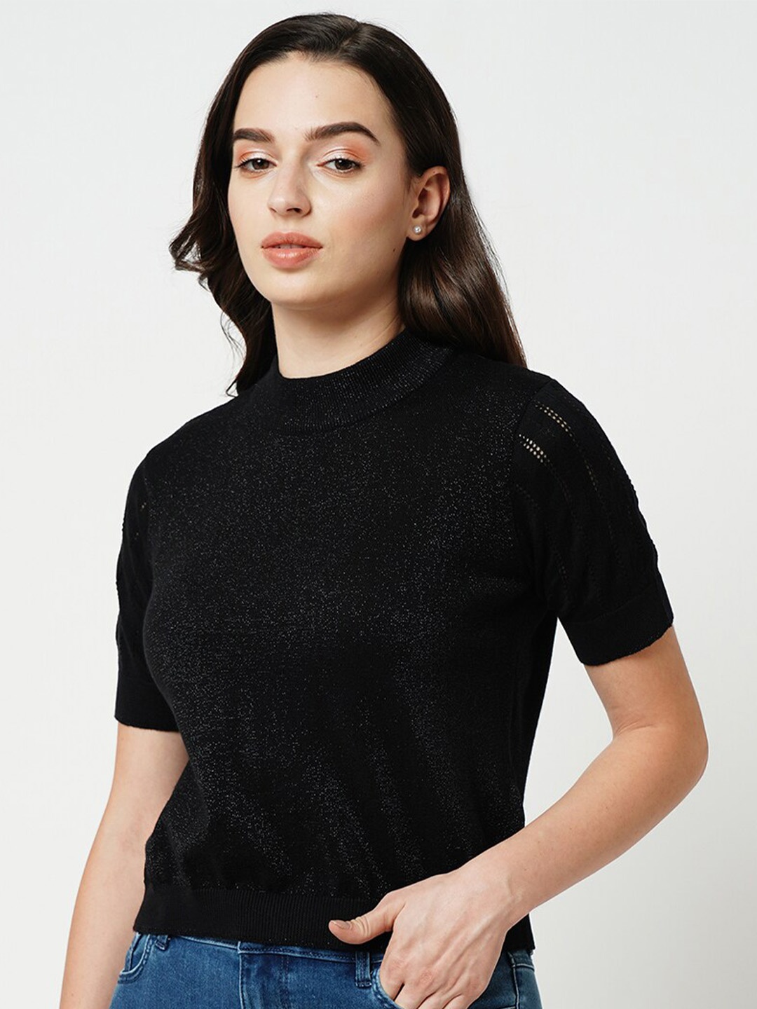 

ONLY Short Sleeves Mock Collar Pullover Sweater, Black