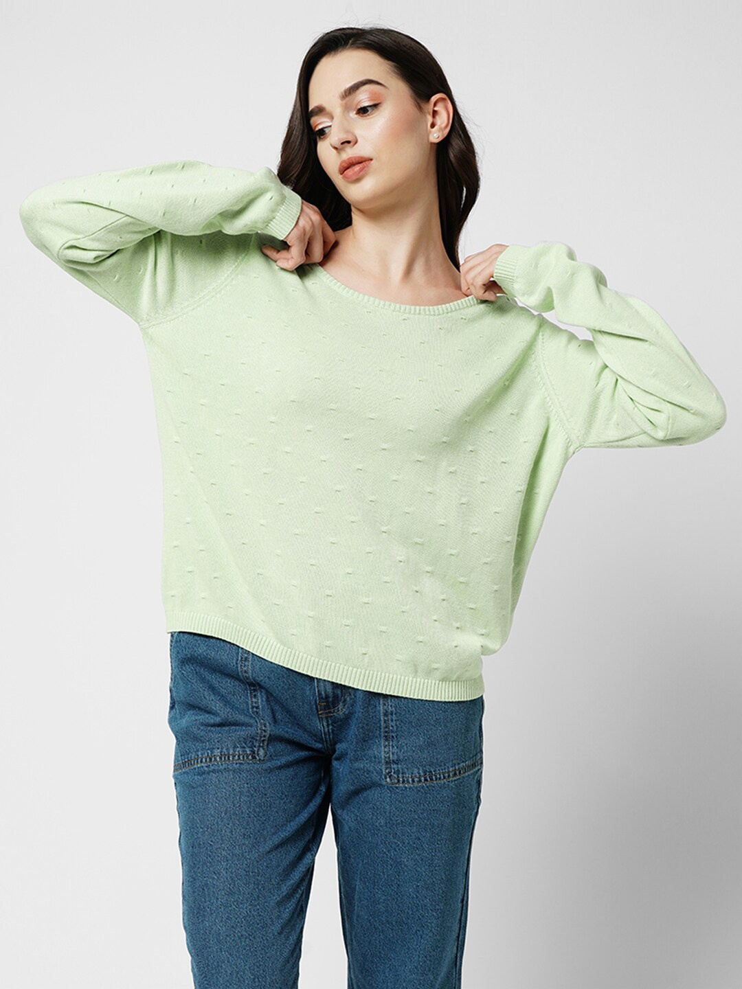 

ONLY Self Design Round Neck Pure Cotton Pullover Sweater, Green