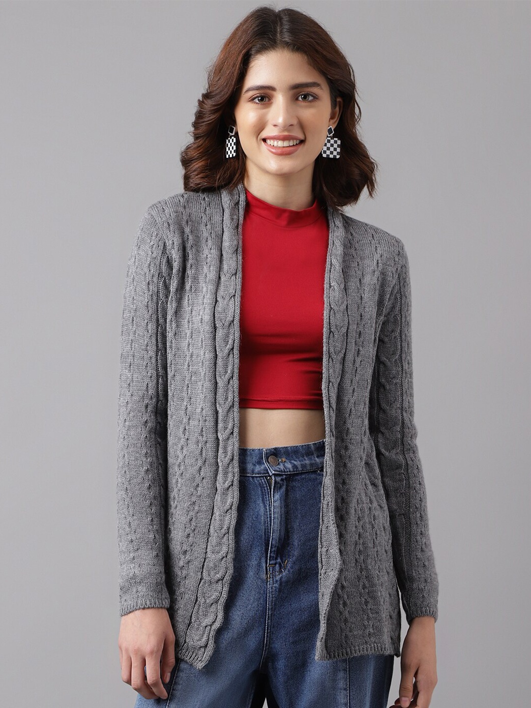 

Latin Quarters Self Design Acrylic Open Front Shrug, Grey