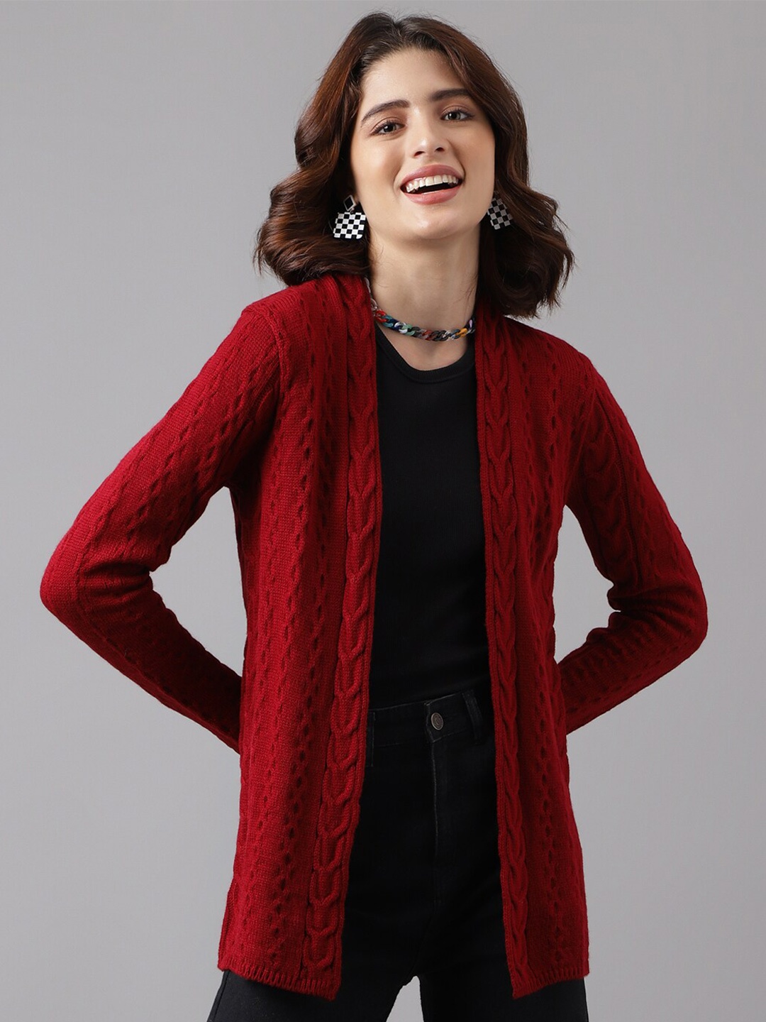 

Latin Quarters Cable Knit Long Line Front Open Sweater, Red