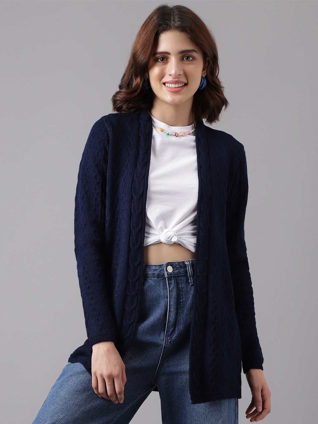 

Latin Quarters Cable Knit Long Line Front Open Sweater, Navy blue