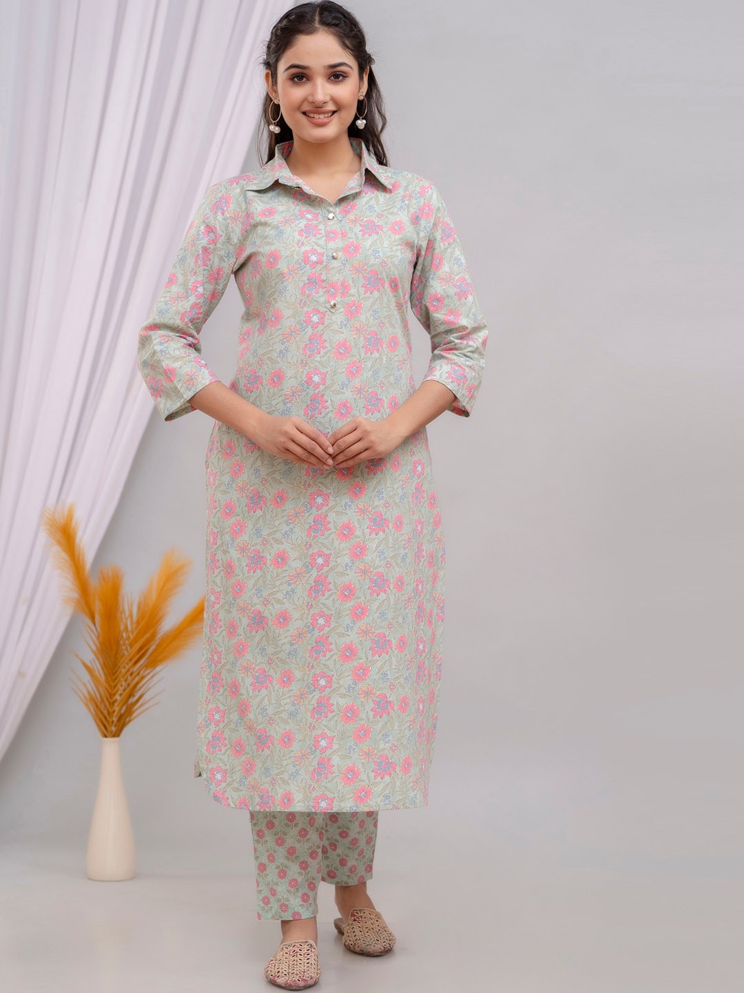 

Charu Floral Printed Shirt Collar Pure Cotton Straight Kurta With Trousers, Sea green