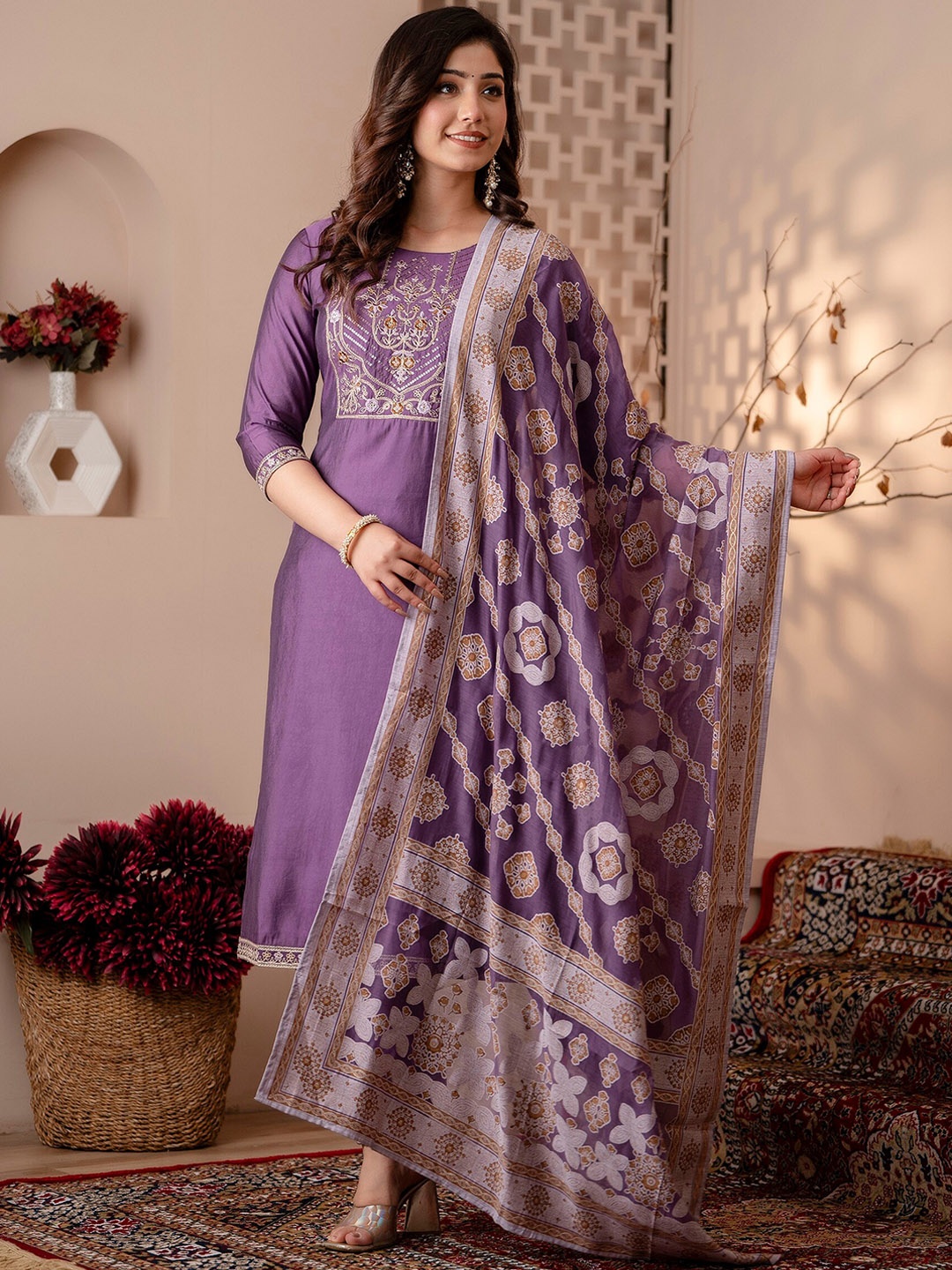 

Charu Ethnic Motifs Yoke Design Regular Thread Work Kurta with Salwar & Dupatta, Purple