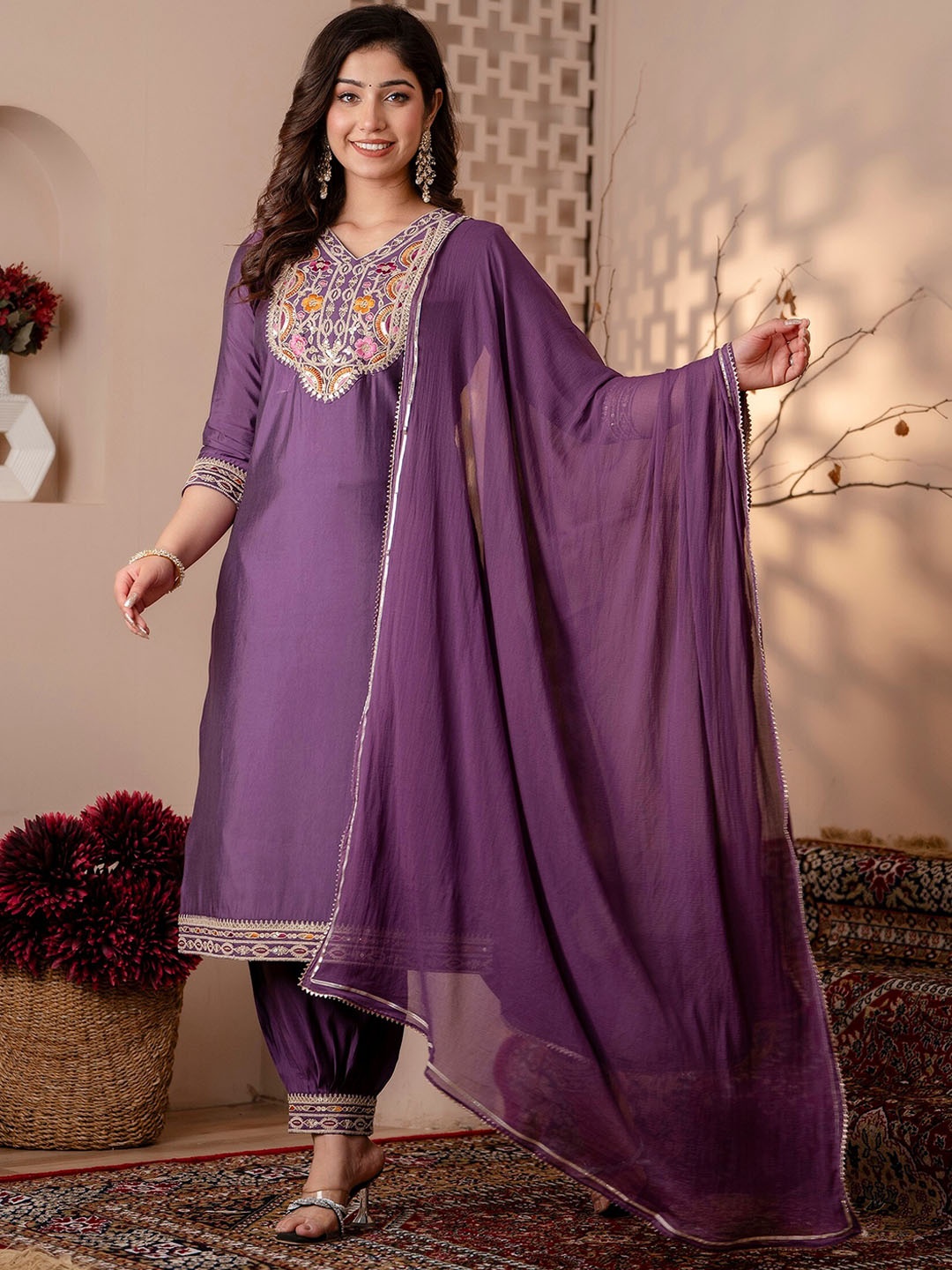 

Charu Ethnic Motifs Yoke Design Regular Thread Work Kurta with Salwar & Dupatta, Purple