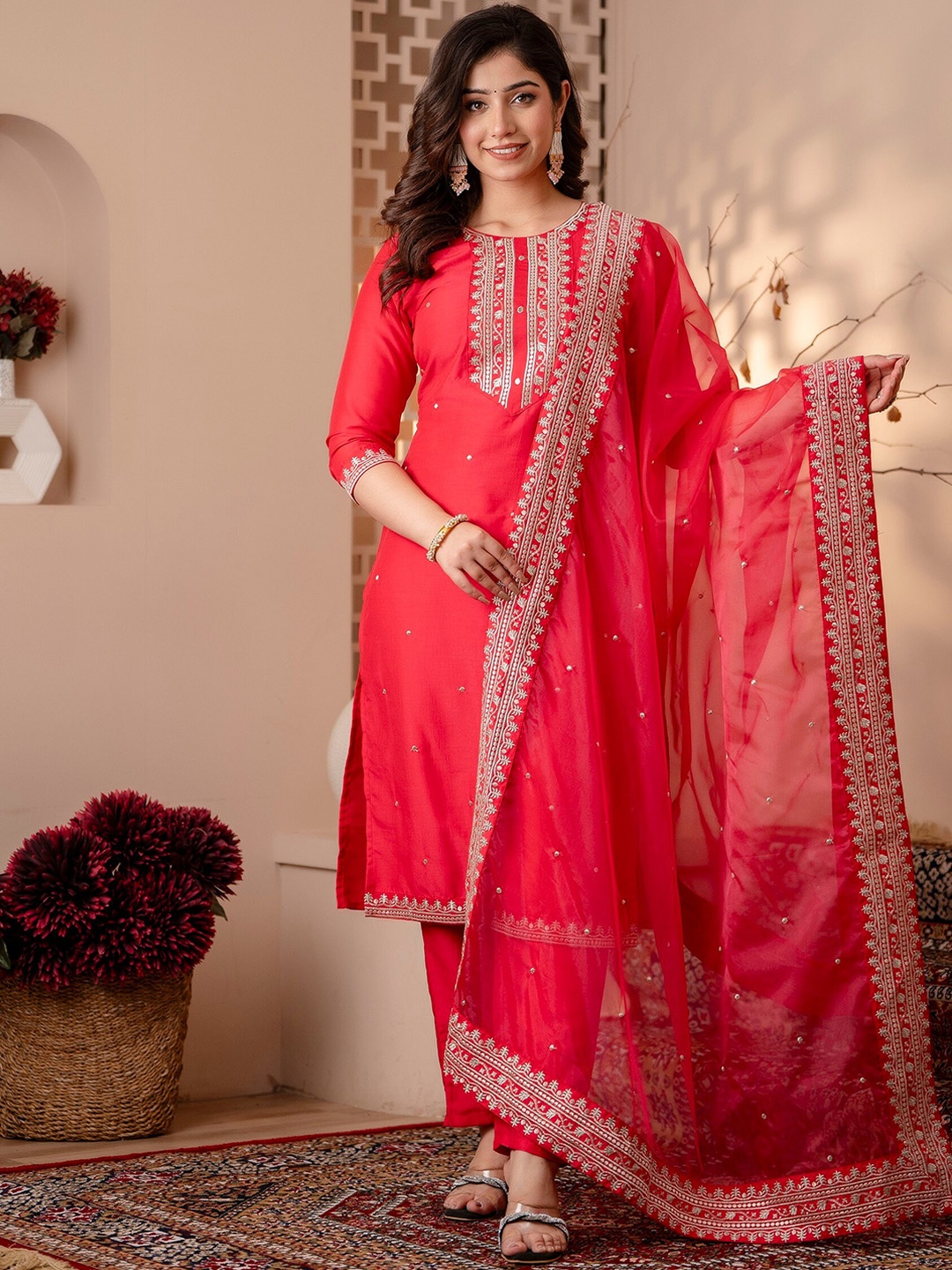 

Charu Ethnic Motifs Embroidered Thread Work Straight Kurta With Trousers & Dupatta, Pink