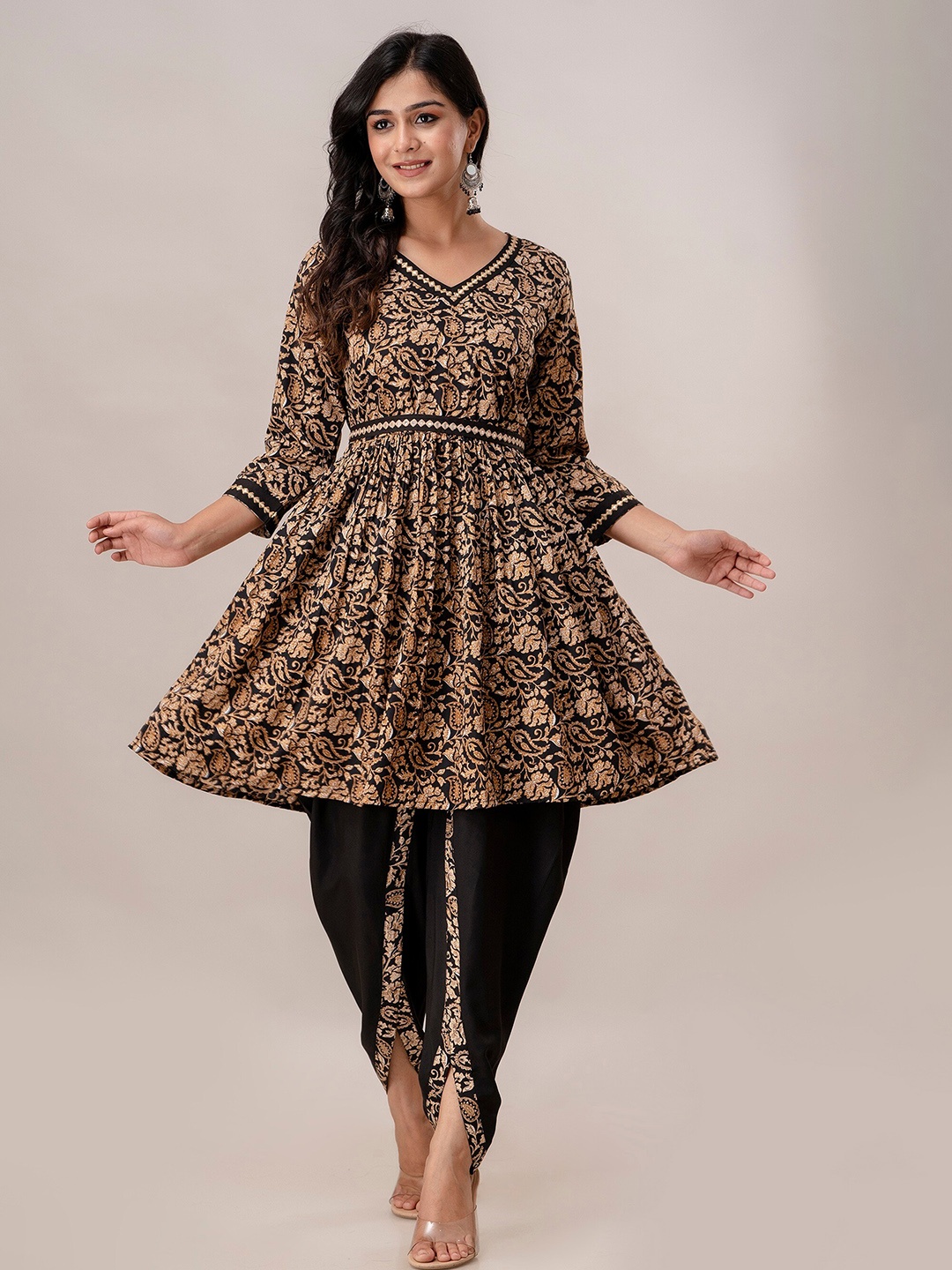 

Charu Floral Printed Regular Mirror Work Kurti With Dhoti Pants, Beige