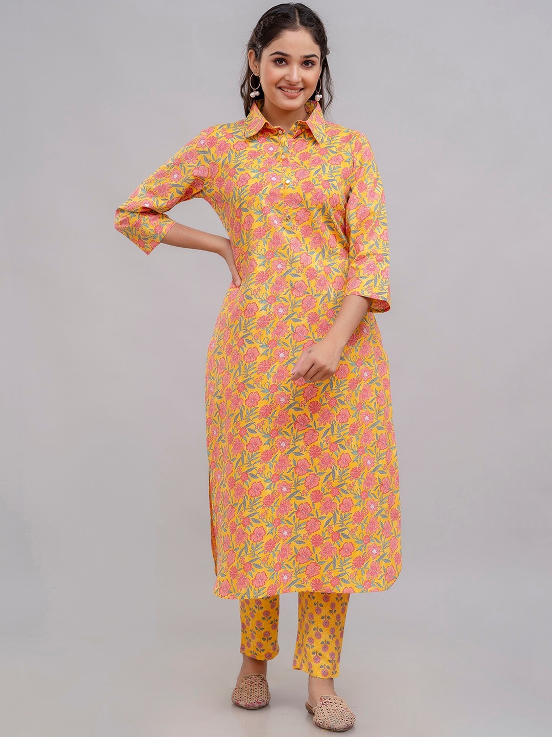 

Charu Floral Printed Shirt Collar Pure Cotton Kurta With Trousers, Yellow
