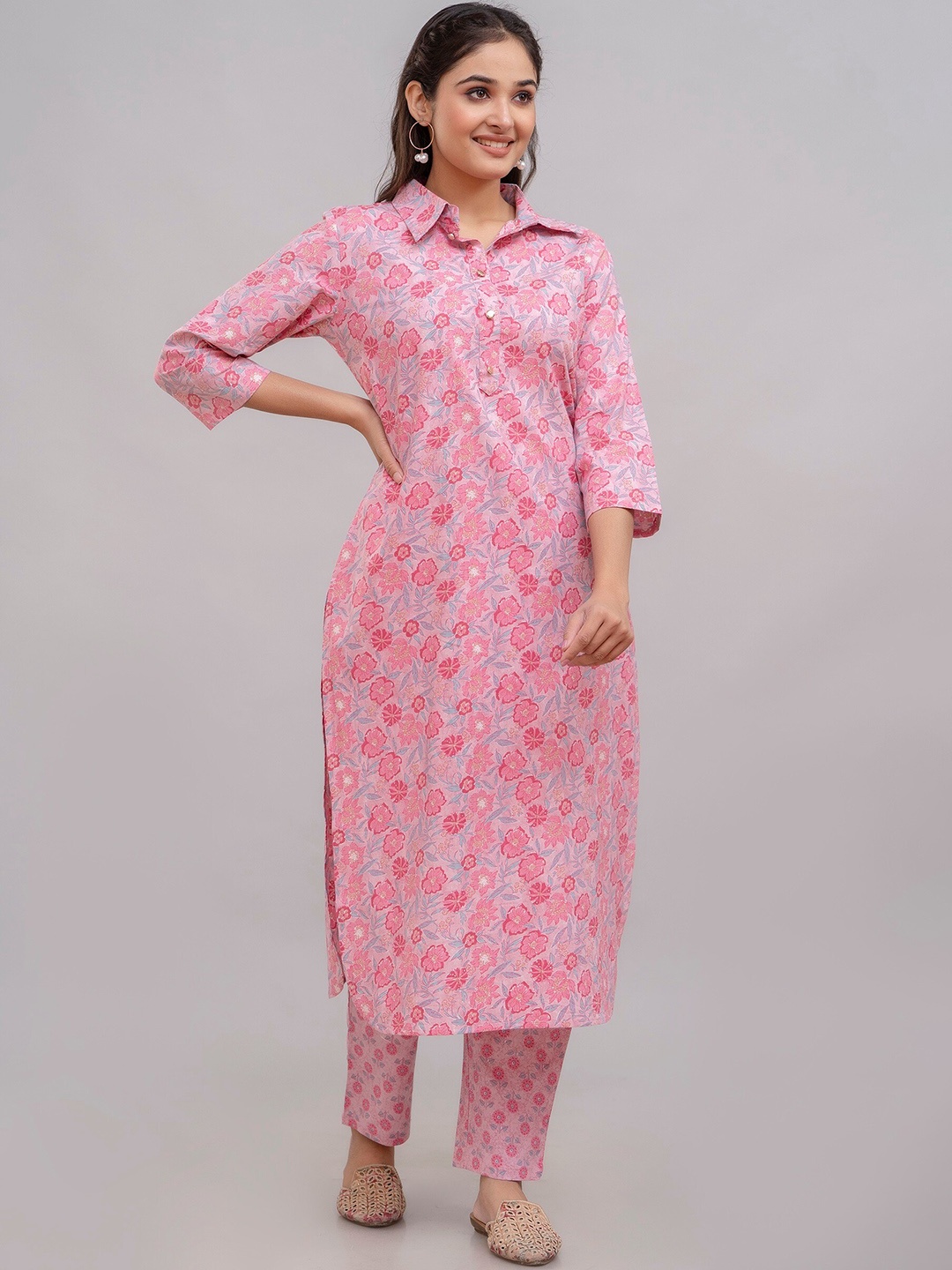 

Charu Floral Printed Shirt Collar Pure Cotton Straight Kurta With Trousers, Pink