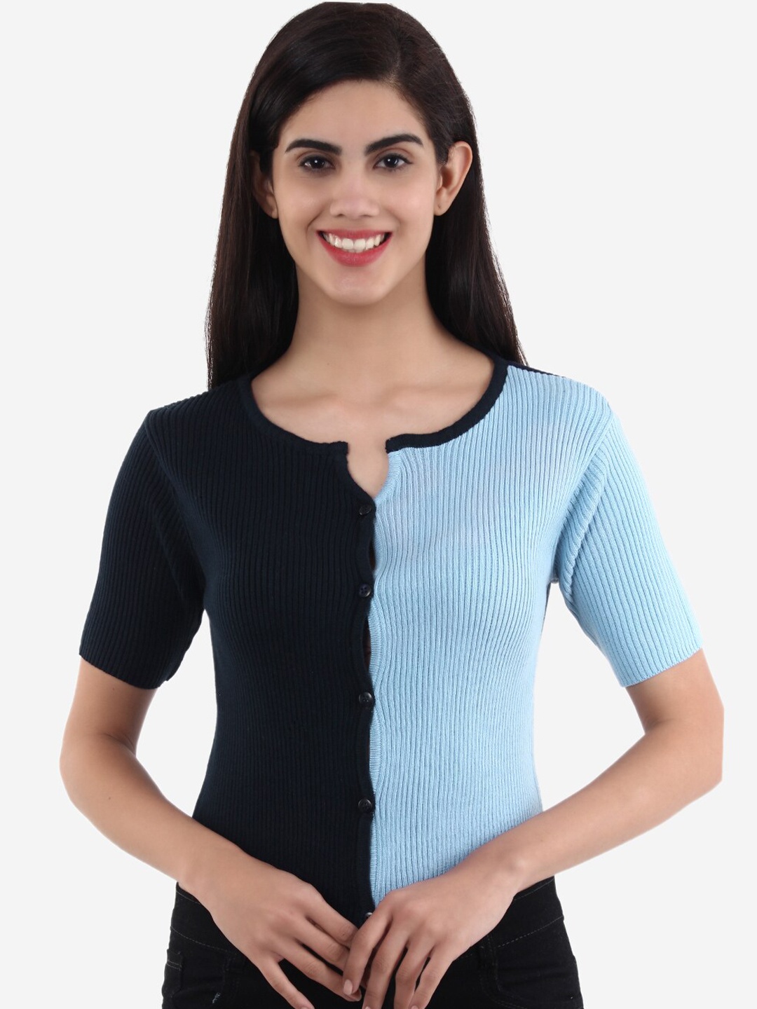 

Chemistry Colourblocked Pure Cotton Top, Navy blue