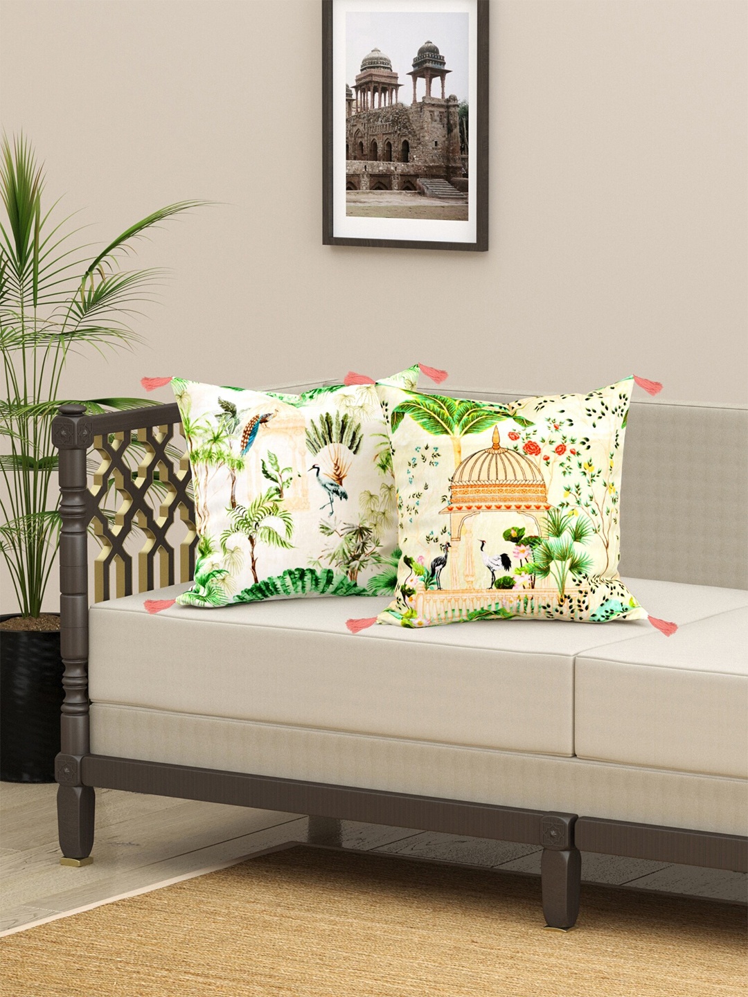 

EverHOME White & Green 2 Pieces Ethnic Motifs Velvet Square Cushion Covers