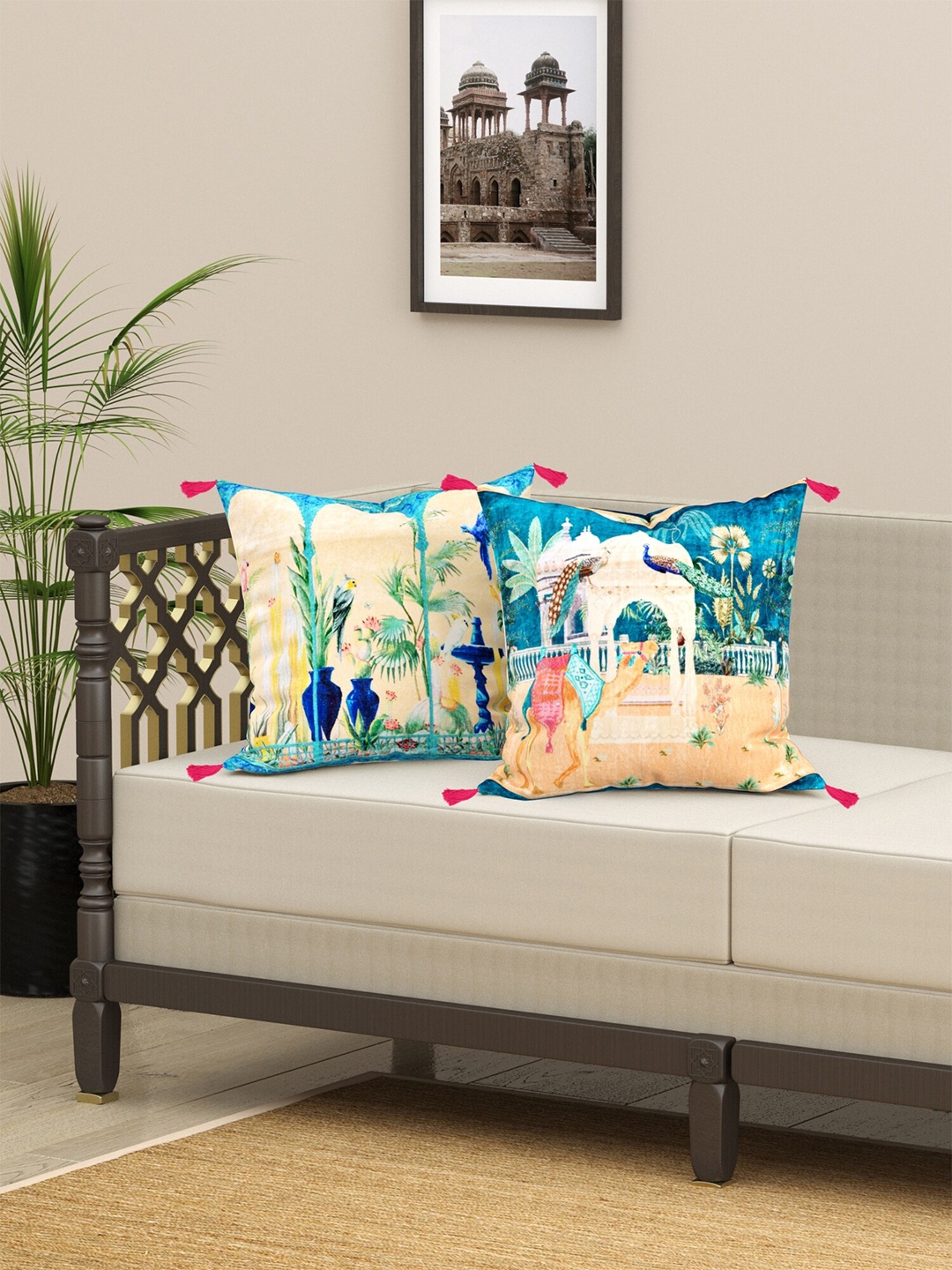 

EverHOME Blue & Green 2 Pieces Ethnic Motifs Velvet Square Cushion Covers, Peach