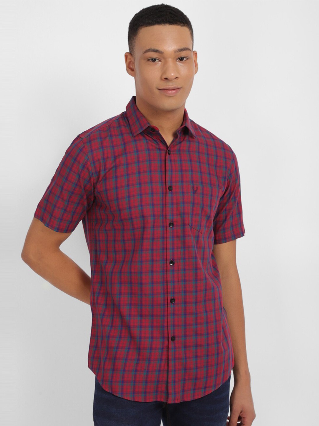 

Allen Solly Slim Fit Tartan Checked Spread Collar Pure Cotton Casual Shirt, Red