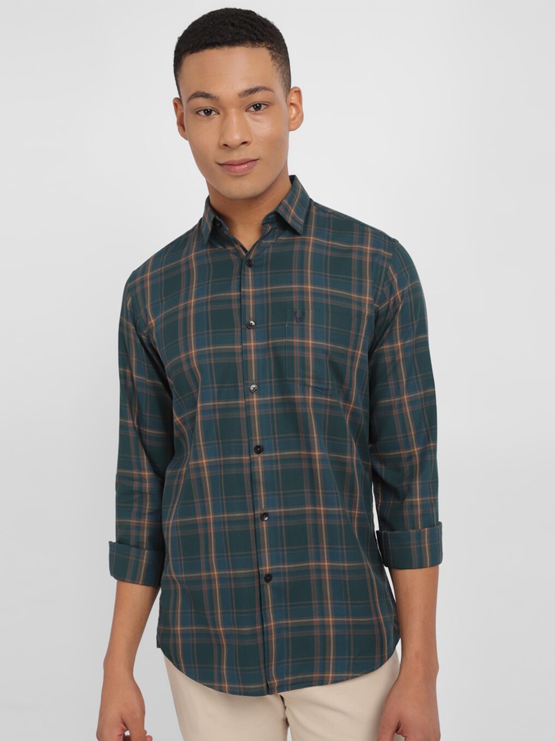 

Allen Solly Slim Fit Tartan Checks Spread Collar Long Sleeves Cotton Casual Shirt, Green