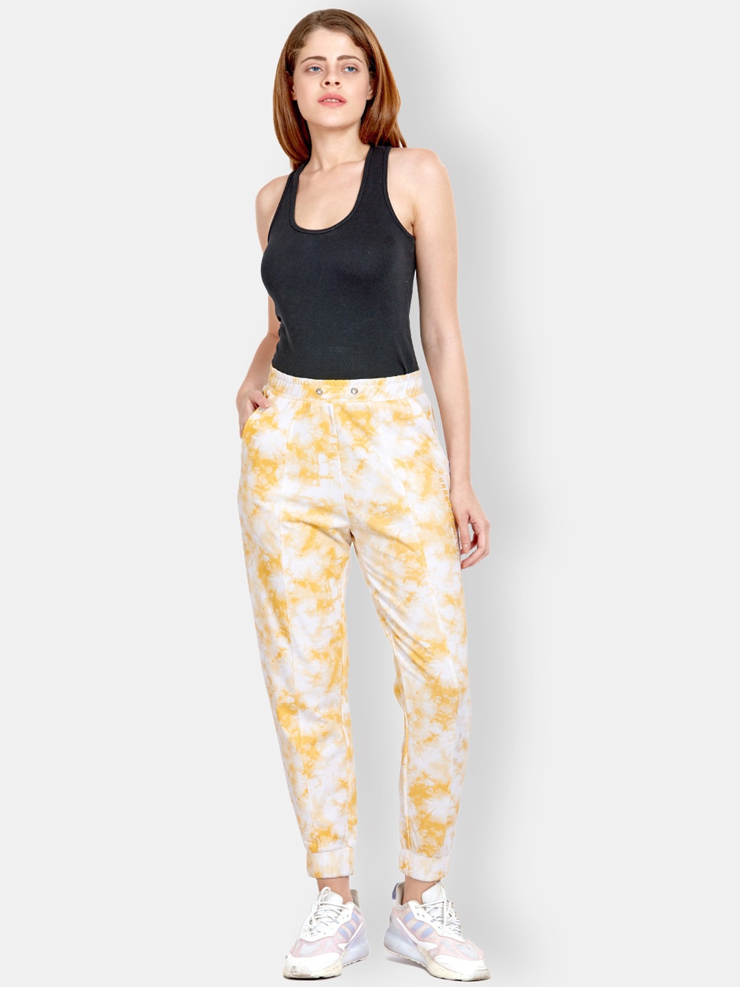 

MAYSIXTY Women Abstract Printed Mid-Rise Cotton Joggers, Yellow