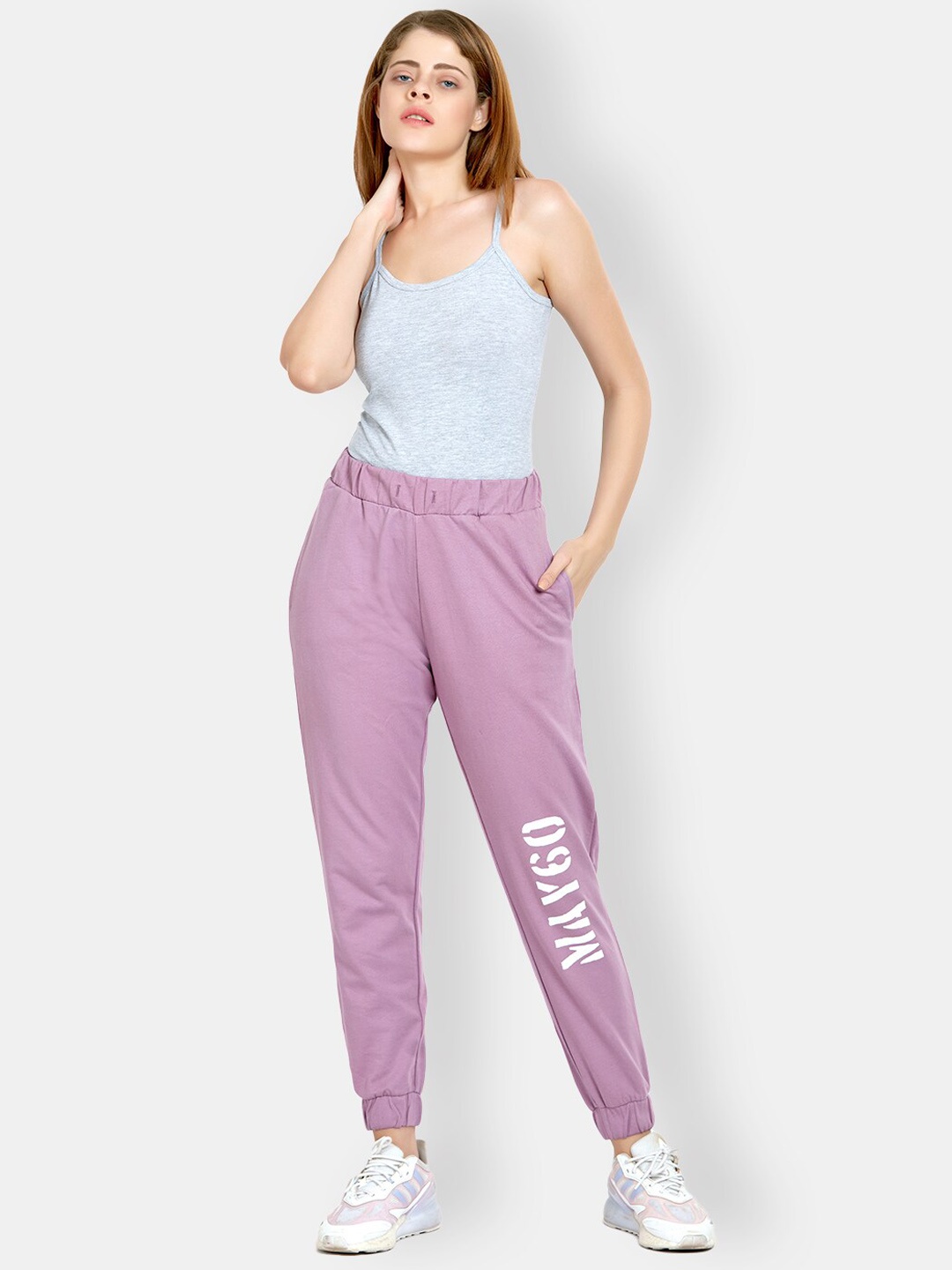 

MAYSIXTY Women Mid-Rise Brand Logo Printed Cotton Joggers, Lavender