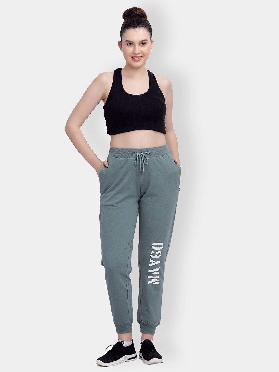 

MAYSIXTY Women Mid-Rise Brand Logo Printed Cotton Joggers, Sea green