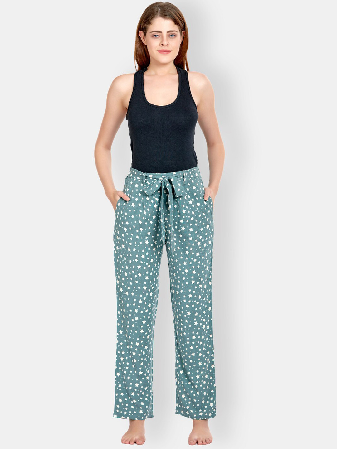 

MAYSIXTY Women Printed Straight Lounge Pants, Blue