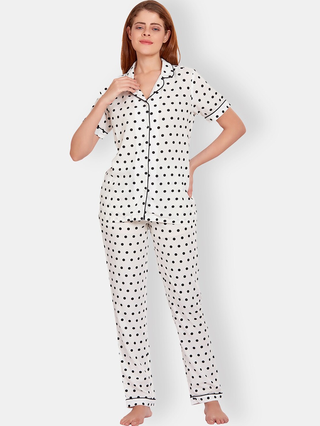 

MAYSIXTY Polka Dots Printed Lapel Collar Night suit, White