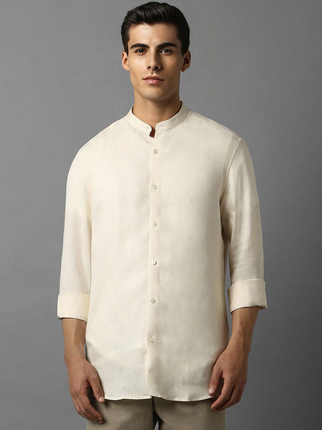 

Louis Philippe Linen Mandarin Collar Classic Casual Shirt, Cream