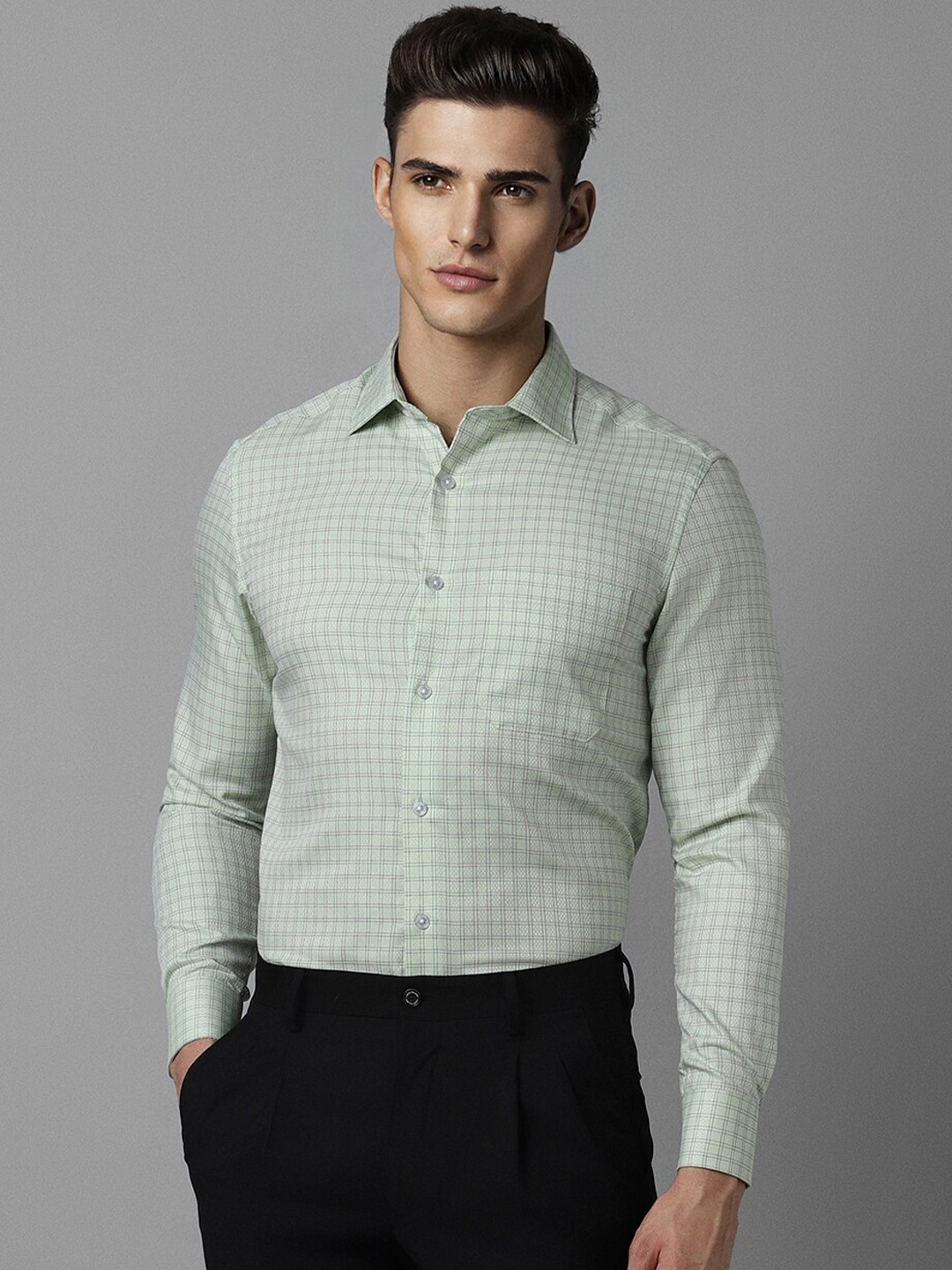 

Louis Philippe Classic Fit Check Full Sleeves Formal Shirt, Green