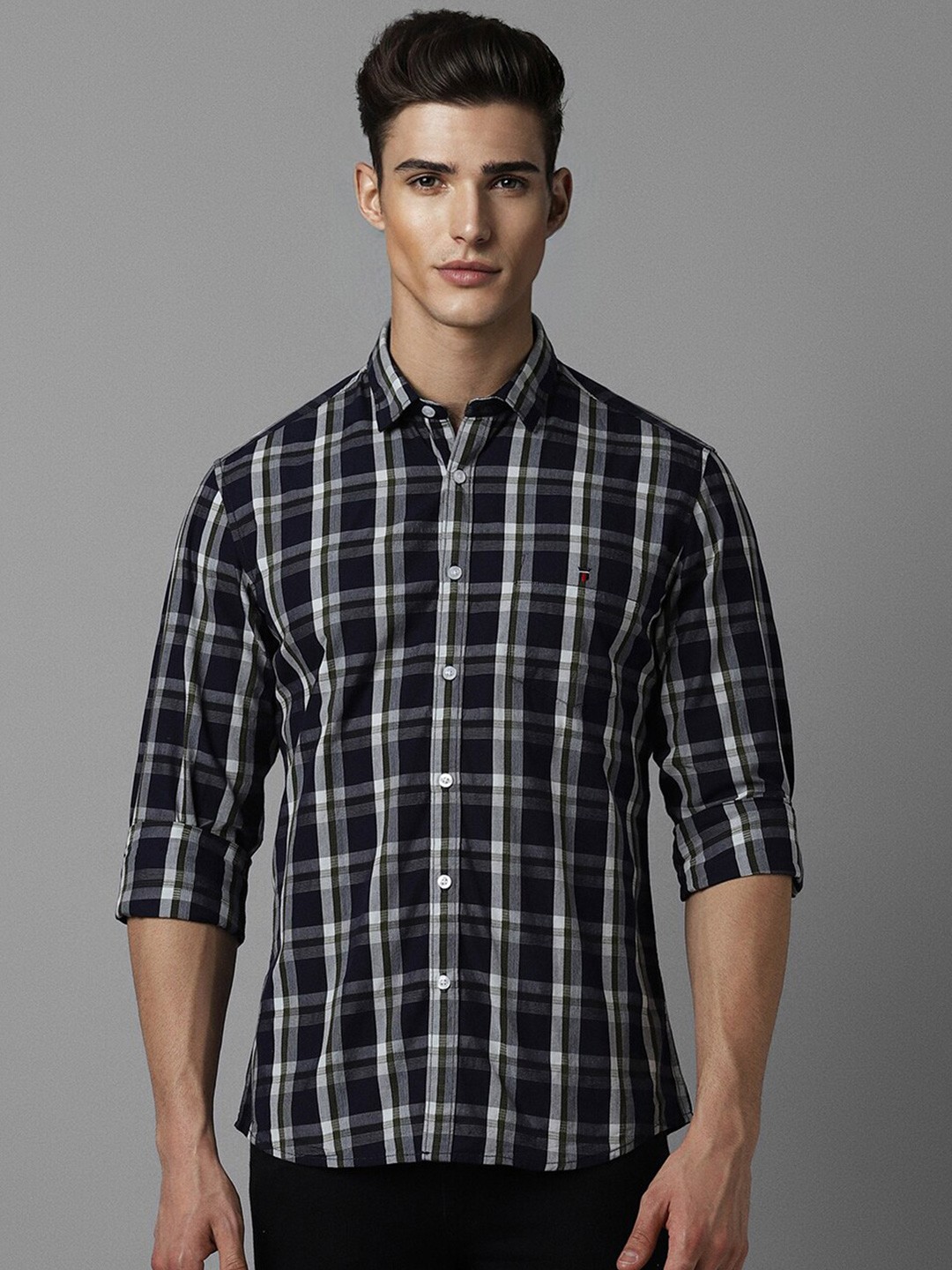 

Louis Philippe Jeans Tartan Checked Cotton Slim Fit Casual Shirt, Navy blue