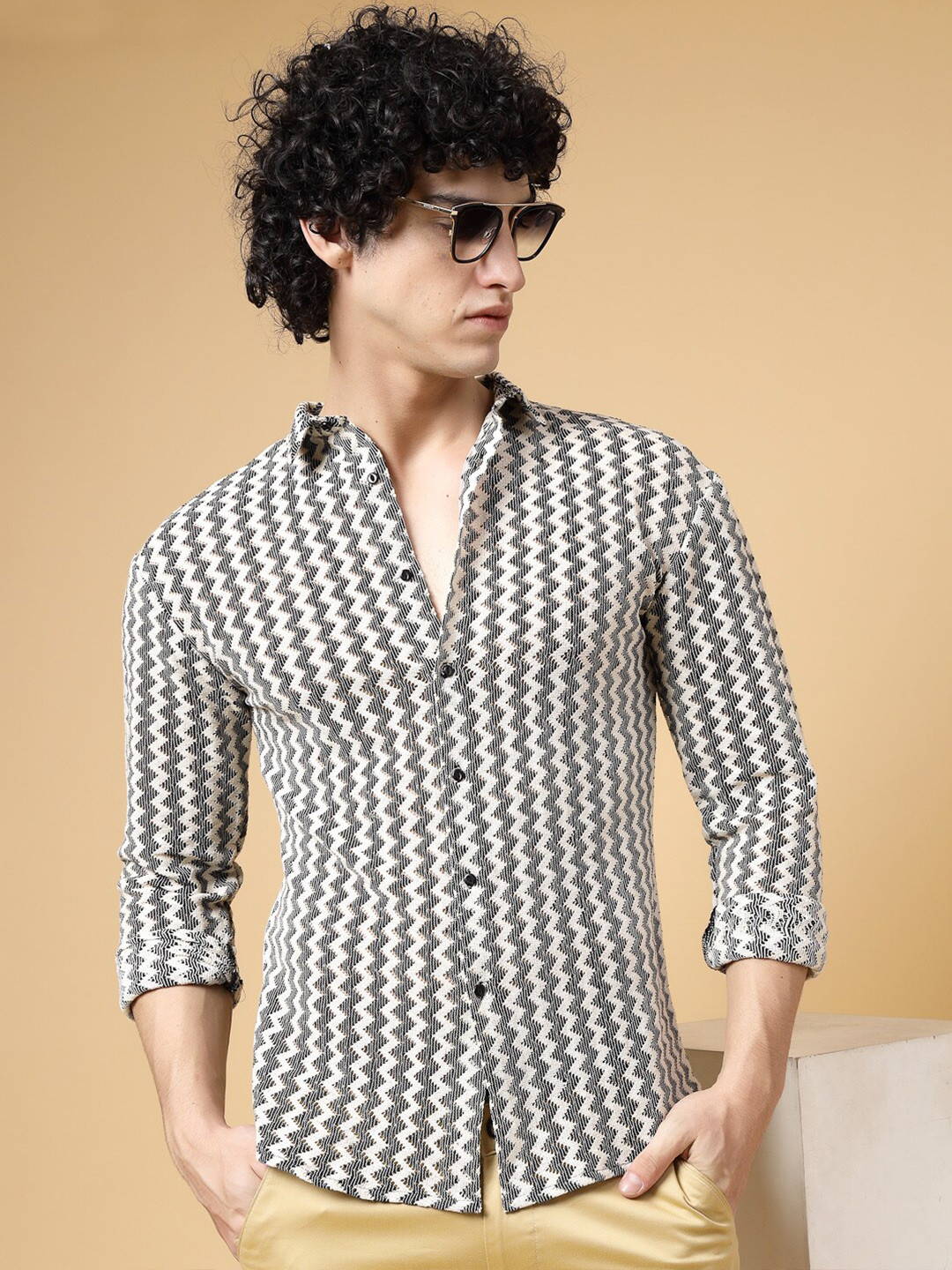 

Rigo Comfort Self Design Crochet Cotton Casual Shirt, Black