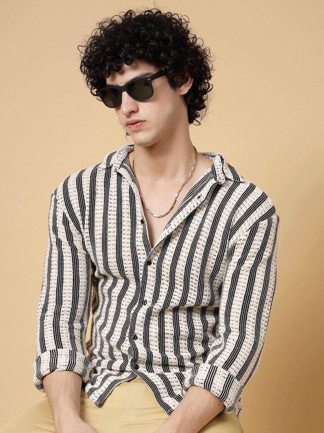 

Rigo Comfort Self Design Crochet Cotton Casual Shirt, Black