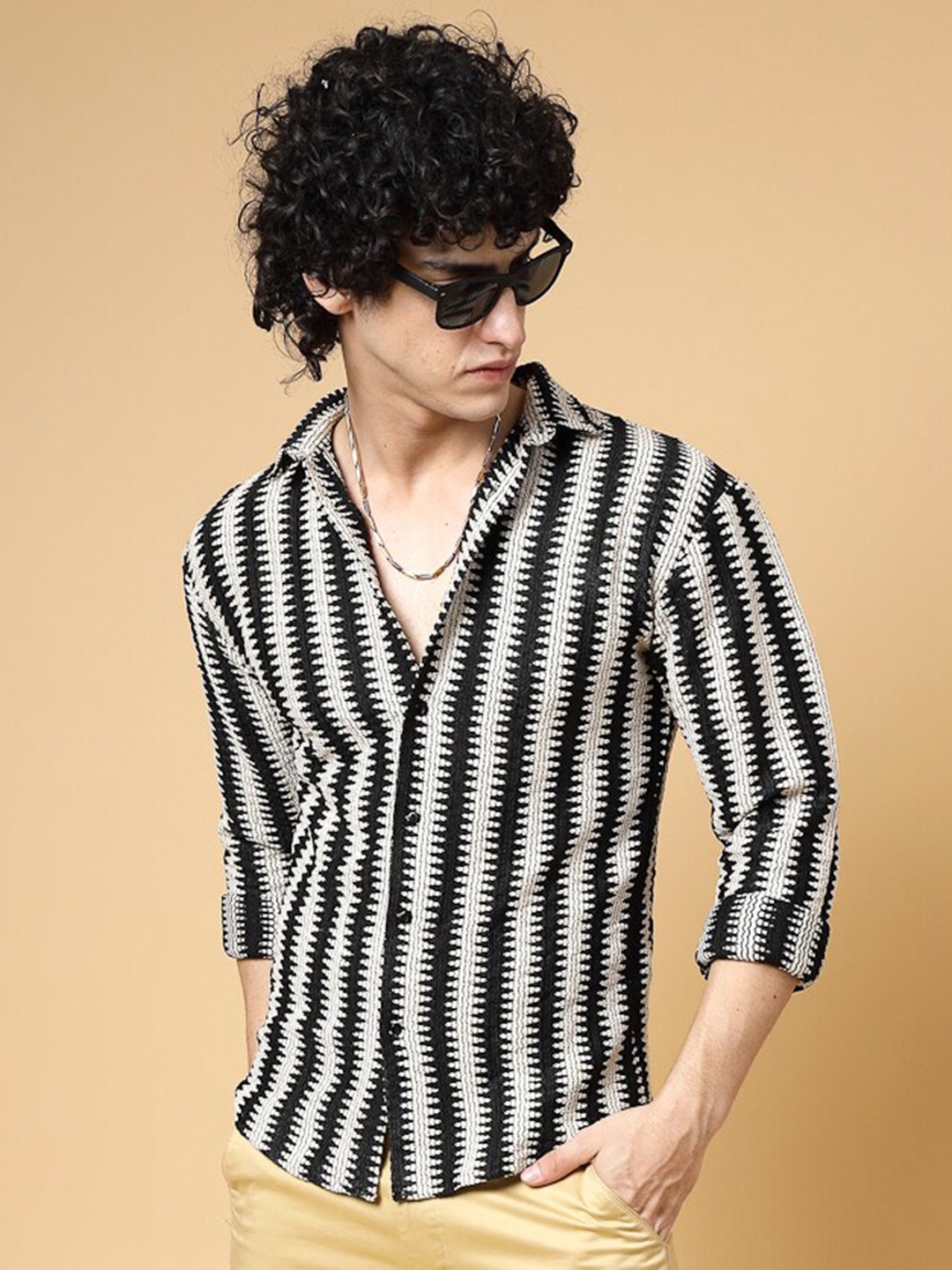 

Rigo Comfort Striped Cotton Casual Shirt, Black