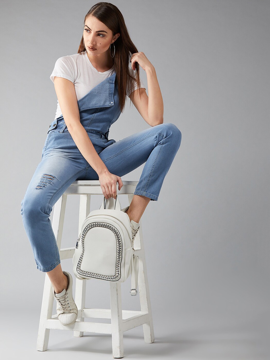 

BAESD Women Regular Fit Mid Rise Ripped Denim Dungaree, Blue