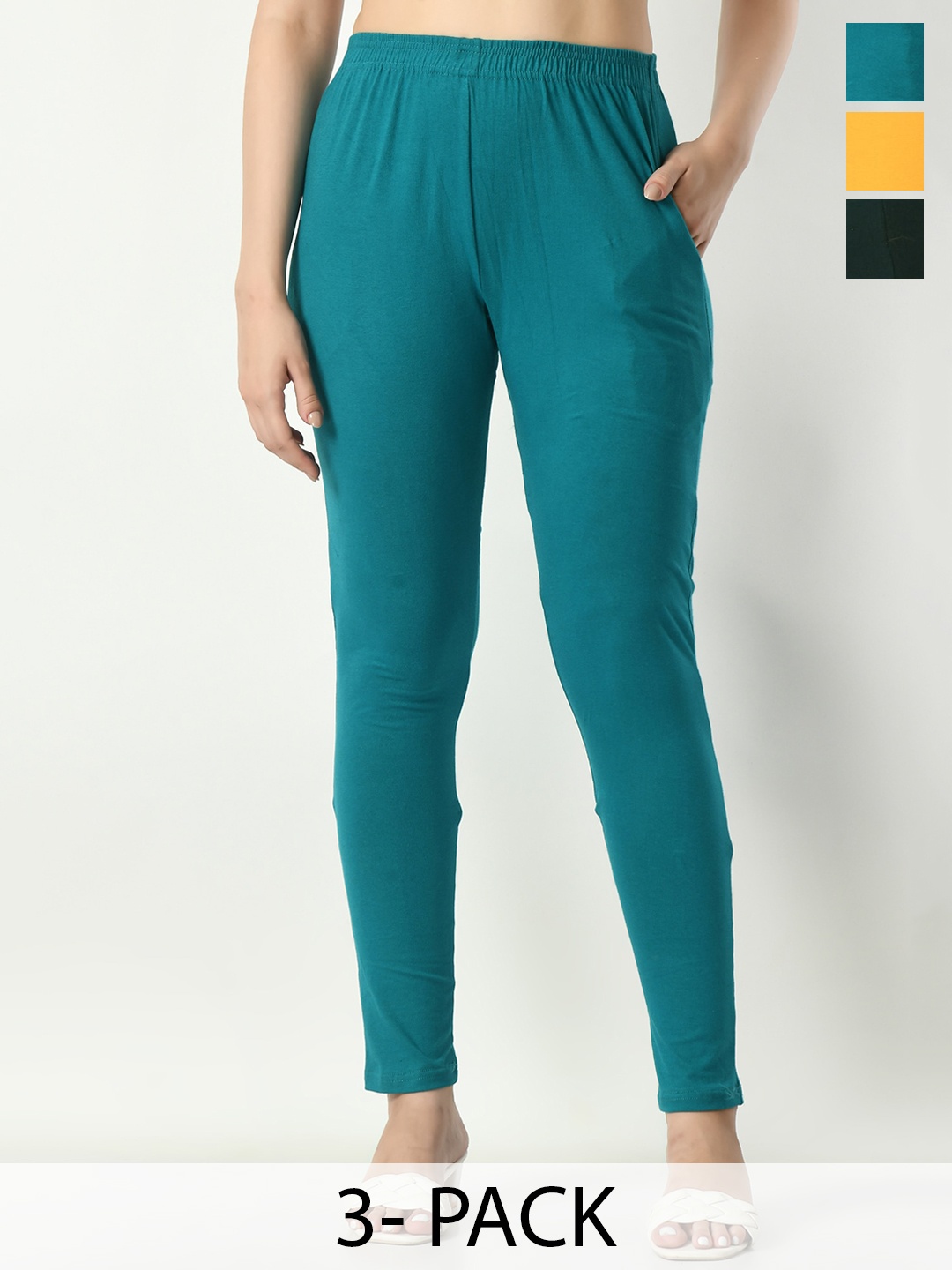 

BAESD Pack Of 3 Side Pocket Ankle Length Leggings, Yellow