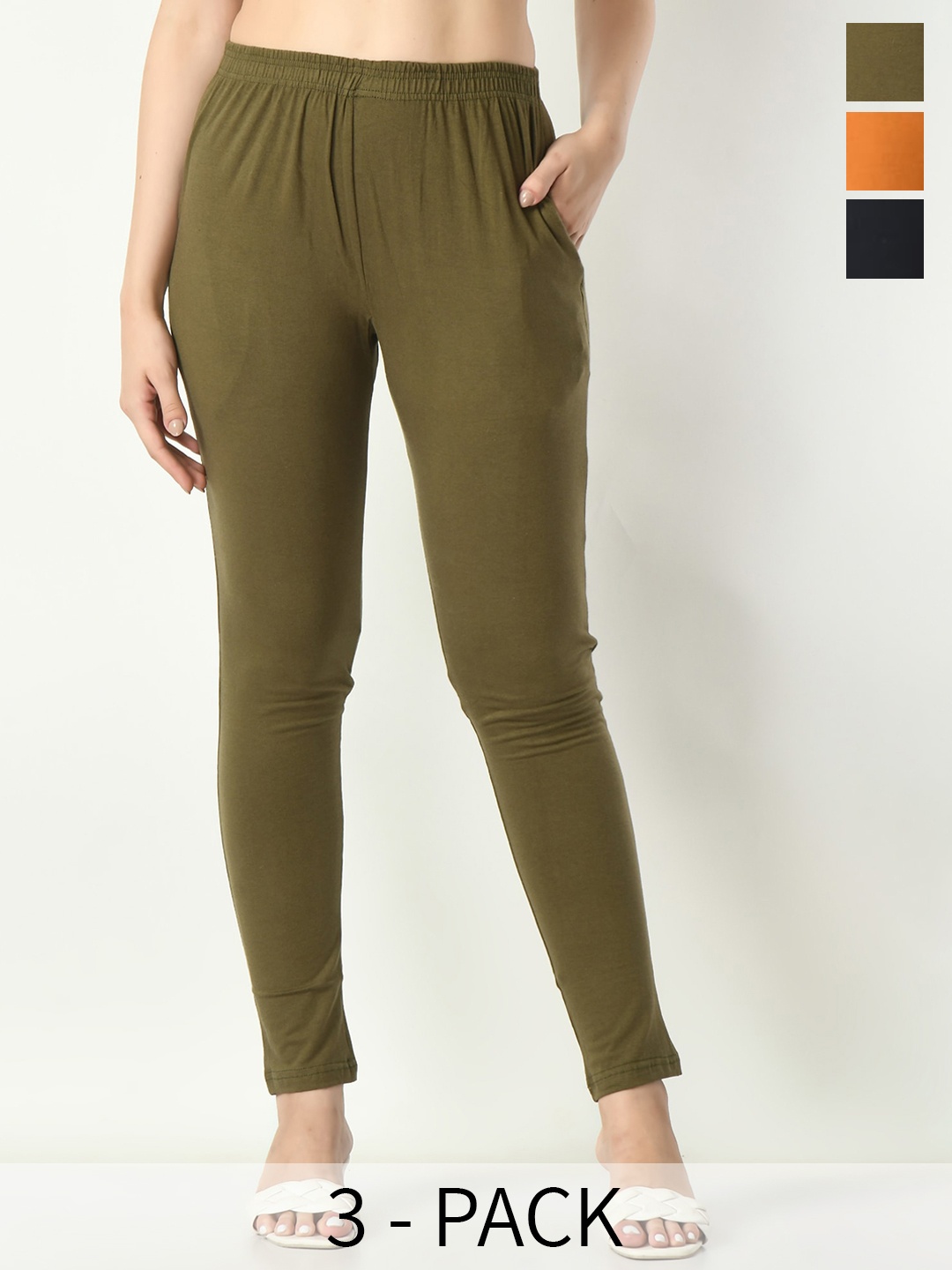 

BAESD Pack Of 3 Ankle Length Leggings With Side Pocket, Olive