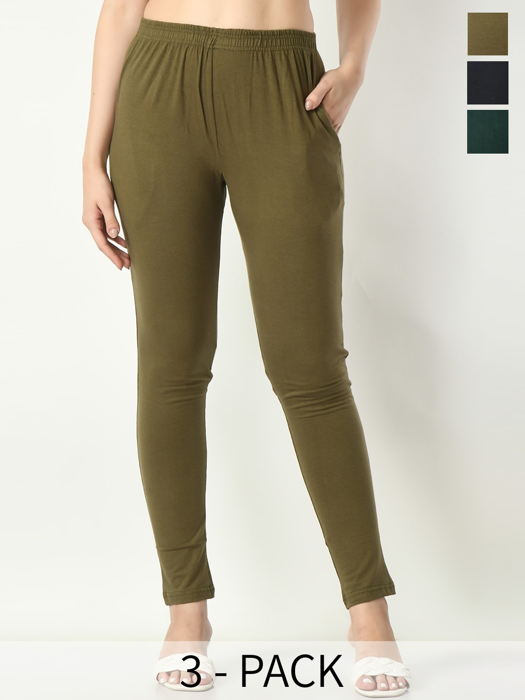 

BAESD Pack Of 3 Ankle Length Leggings With Side Pocket, Olive