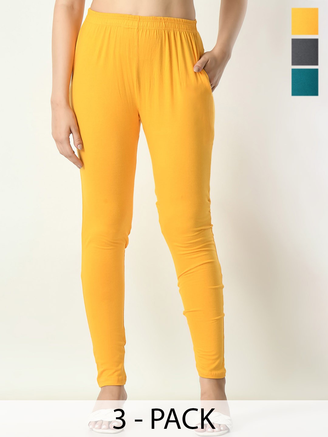 

BAESD Pack Of 3 Mid-Rise Ankle-Length Leggings, Yellow