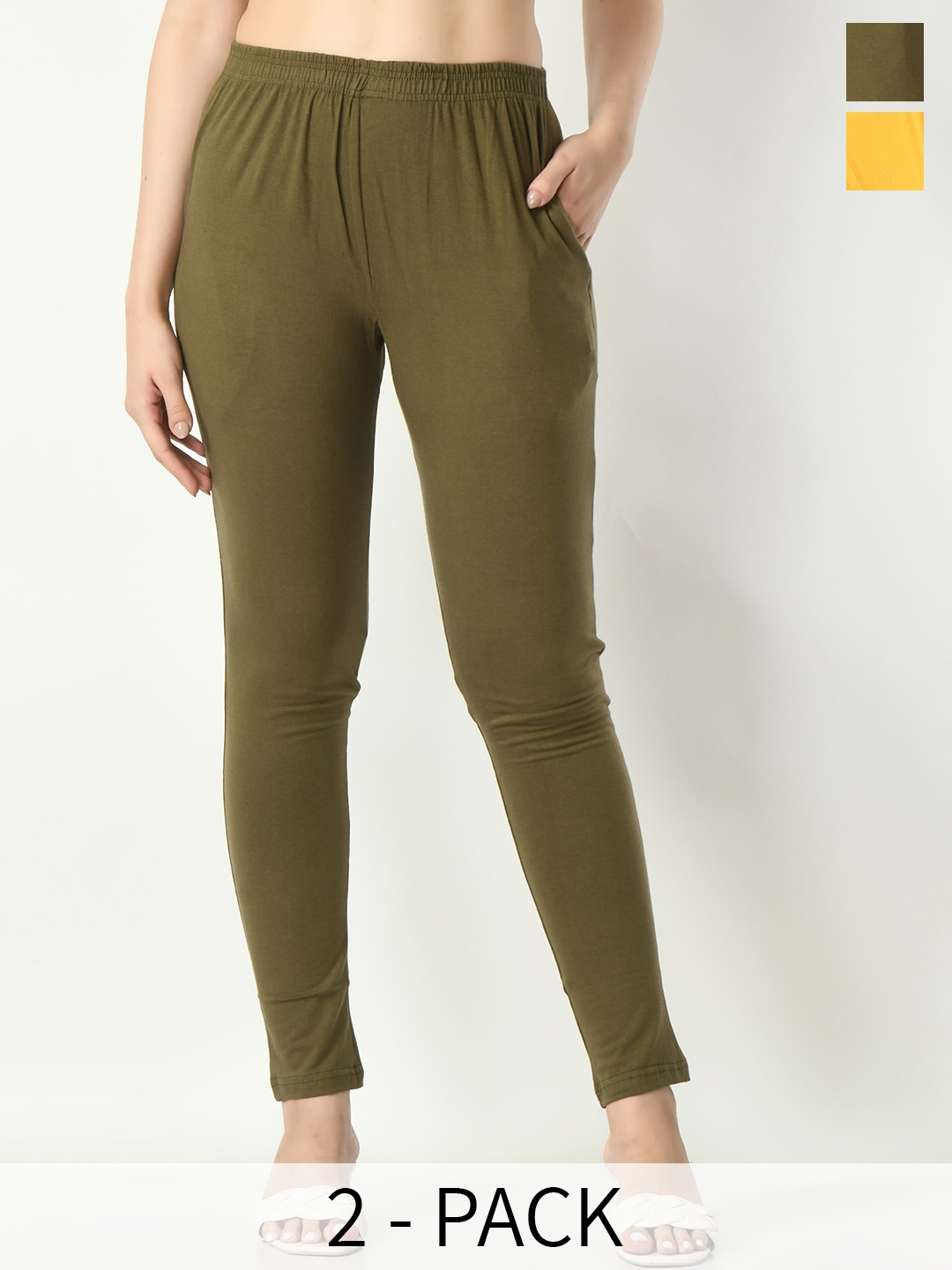 

BAESD Pack Of 2 Mid-Rise Ankle-Length Leggings, Mustard