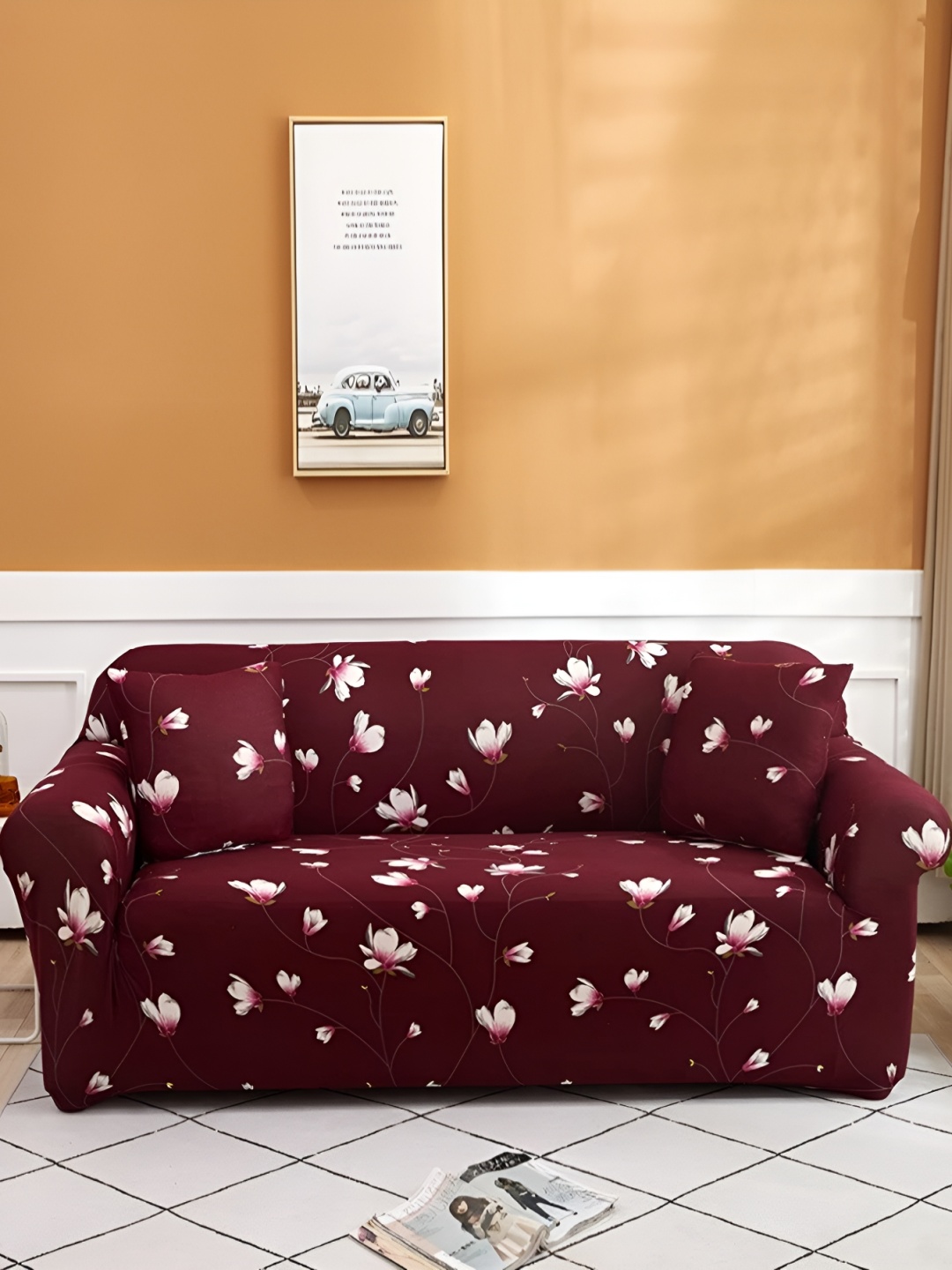 

Lukzer Maroon Flower Design 4 Seater Sofa Cover