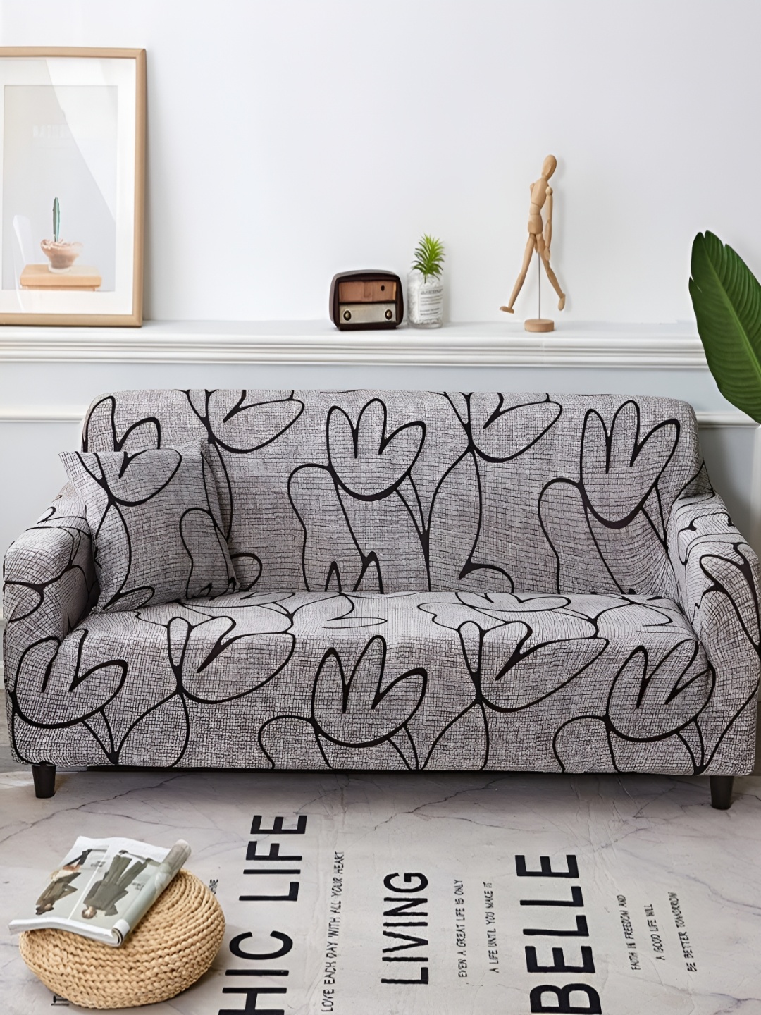 

Lukzer Grey Melange & Black Printed 4 Seater Sofa Cover