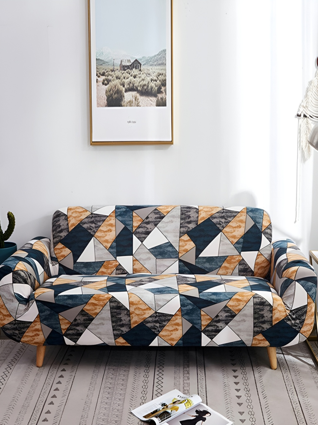 

Lukzer Grey & White Geometric Printed 3 Seater Sofa Cover With Arms