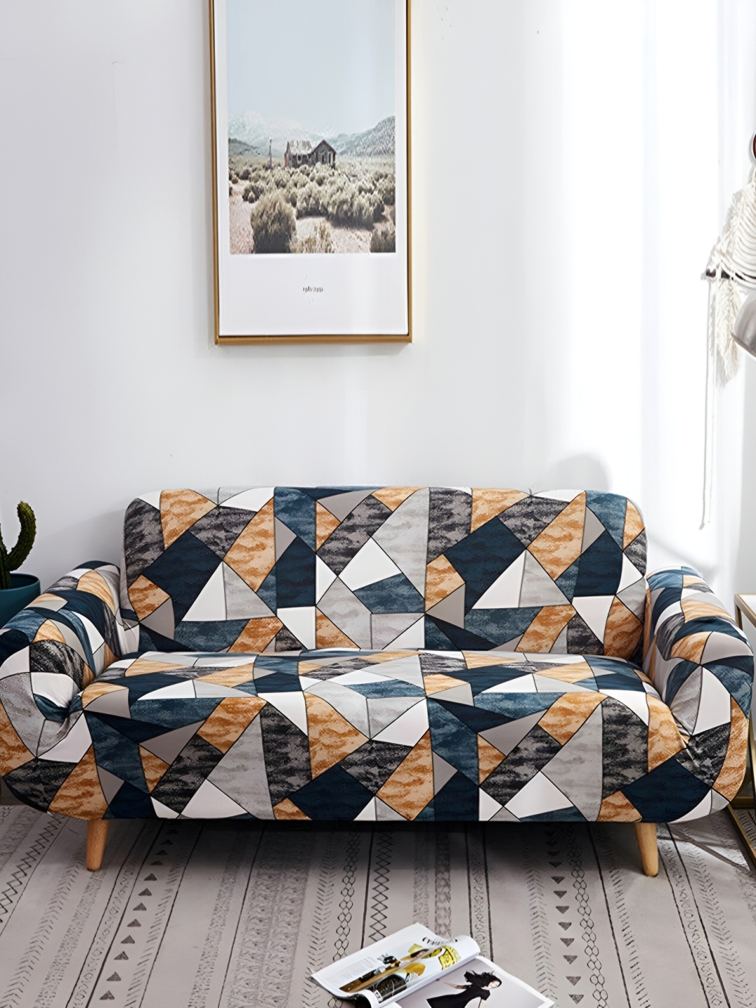 

Lukzer Grey & Yellow Geometric 2 Seater Sofa Cover With Arms