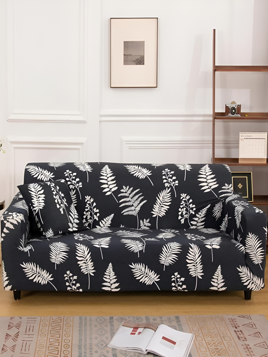 

Lukzer Navy Blue & White Leaf Stem Design 2 Seater Sofa Cover With Arms