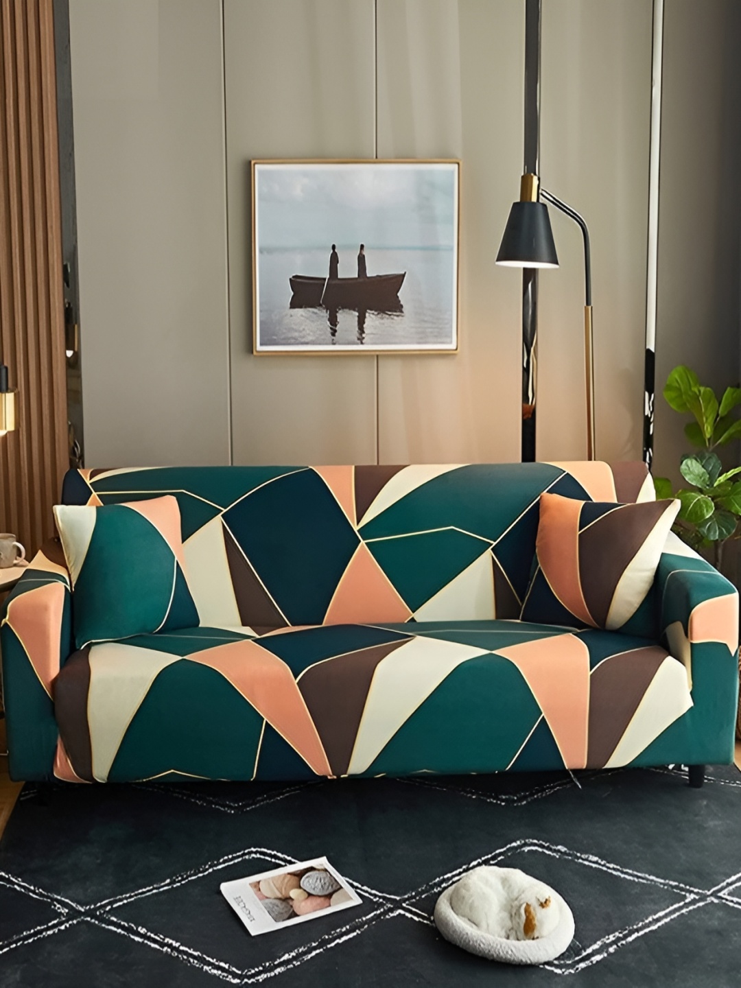 

Lukzer Teal Green & Blue Geometric Printed 4 Seater Sofa Cover With Arms