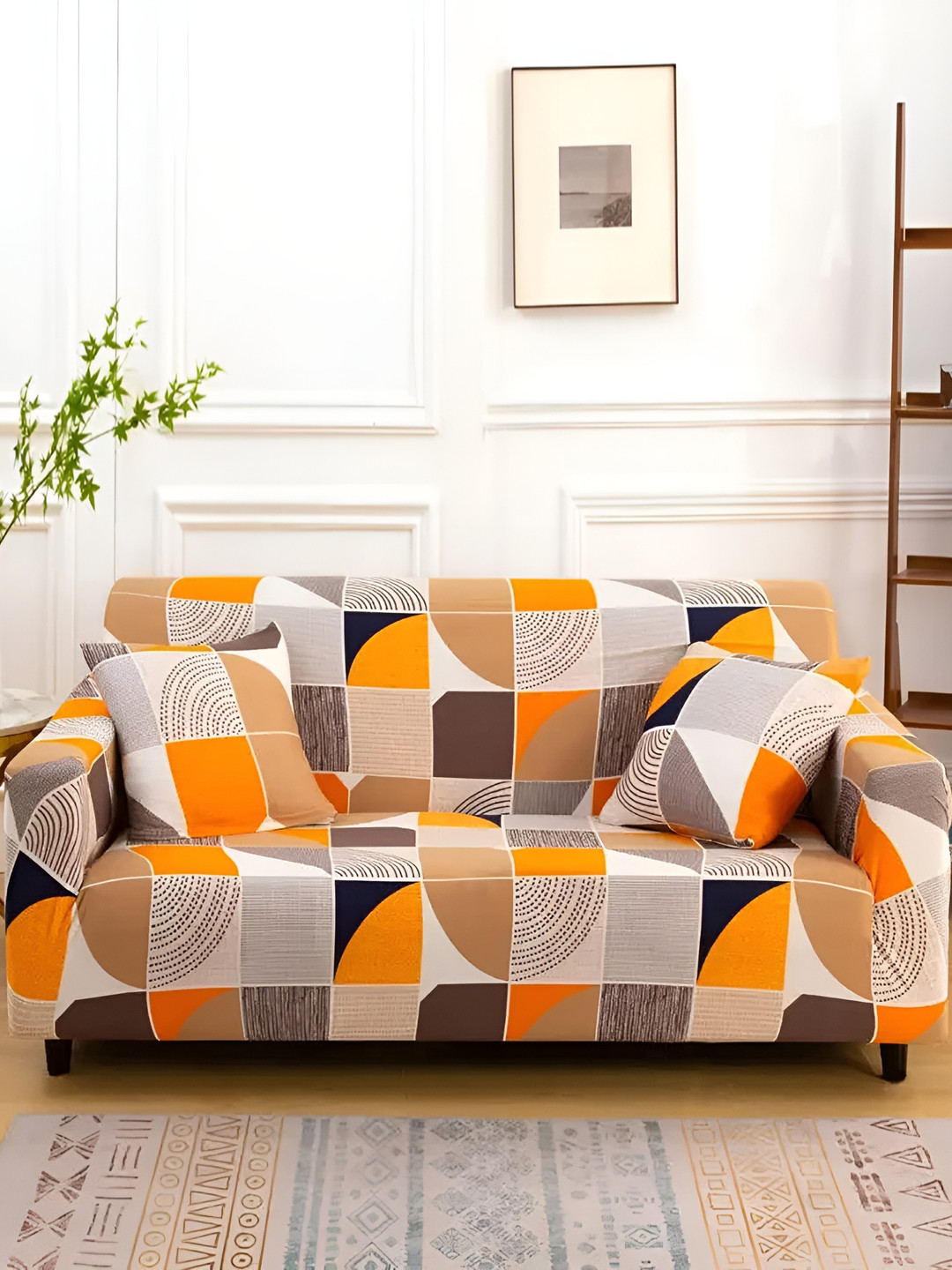 

Lukzer Beige & Orange Geometric Printed 3 Seater Sofa Cover With Arms