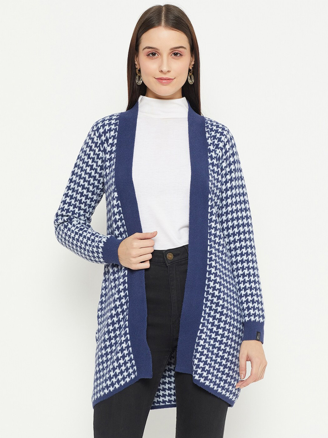 

CREATIVE LINE Self Design Woollen Open Front Longline Shrug, Blue