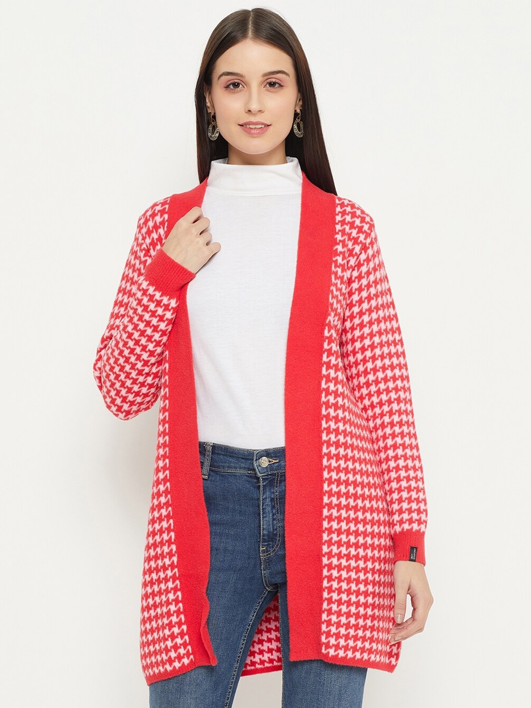 

CREATIVE LINE Self Design Woollen Open Front Longline Shrug, Red