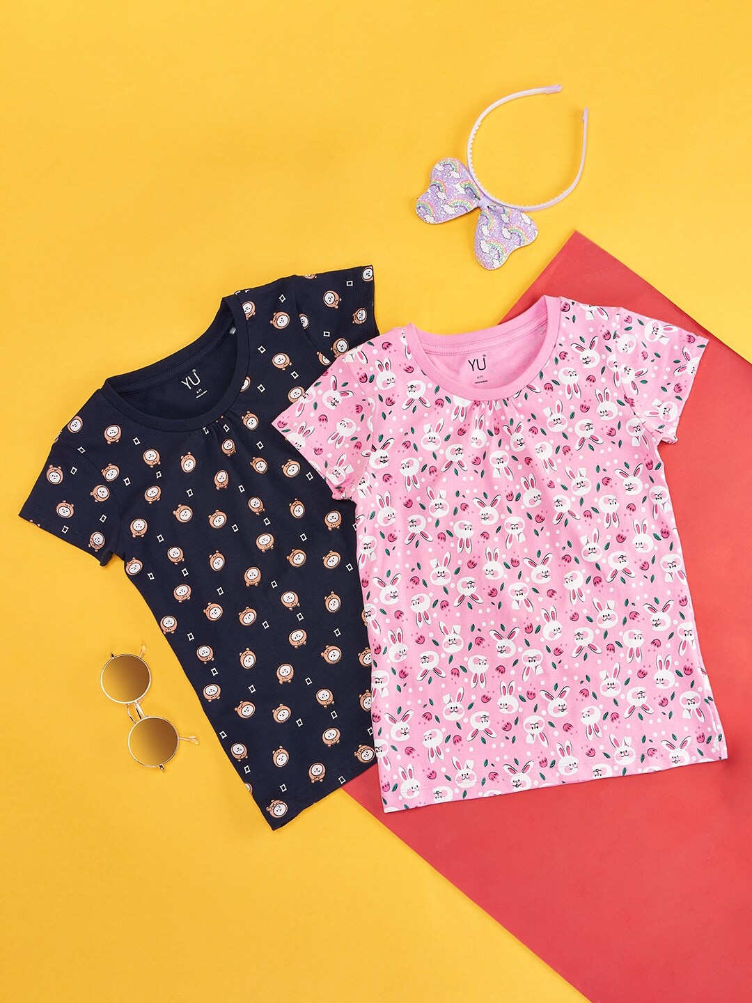 

YU by Pantaloons Girls Pack of 2 Conversational Printed Cotton T-shirt, Multi