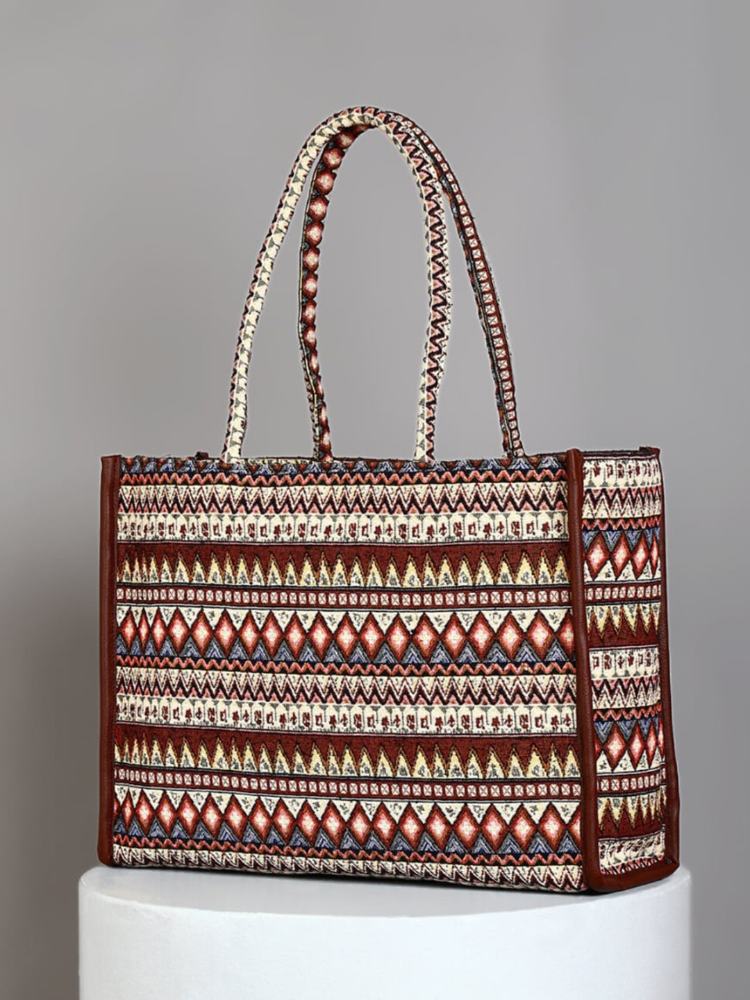 

DEEBACO Geometric Printed Oversized Shopper Tote Bag, Brown