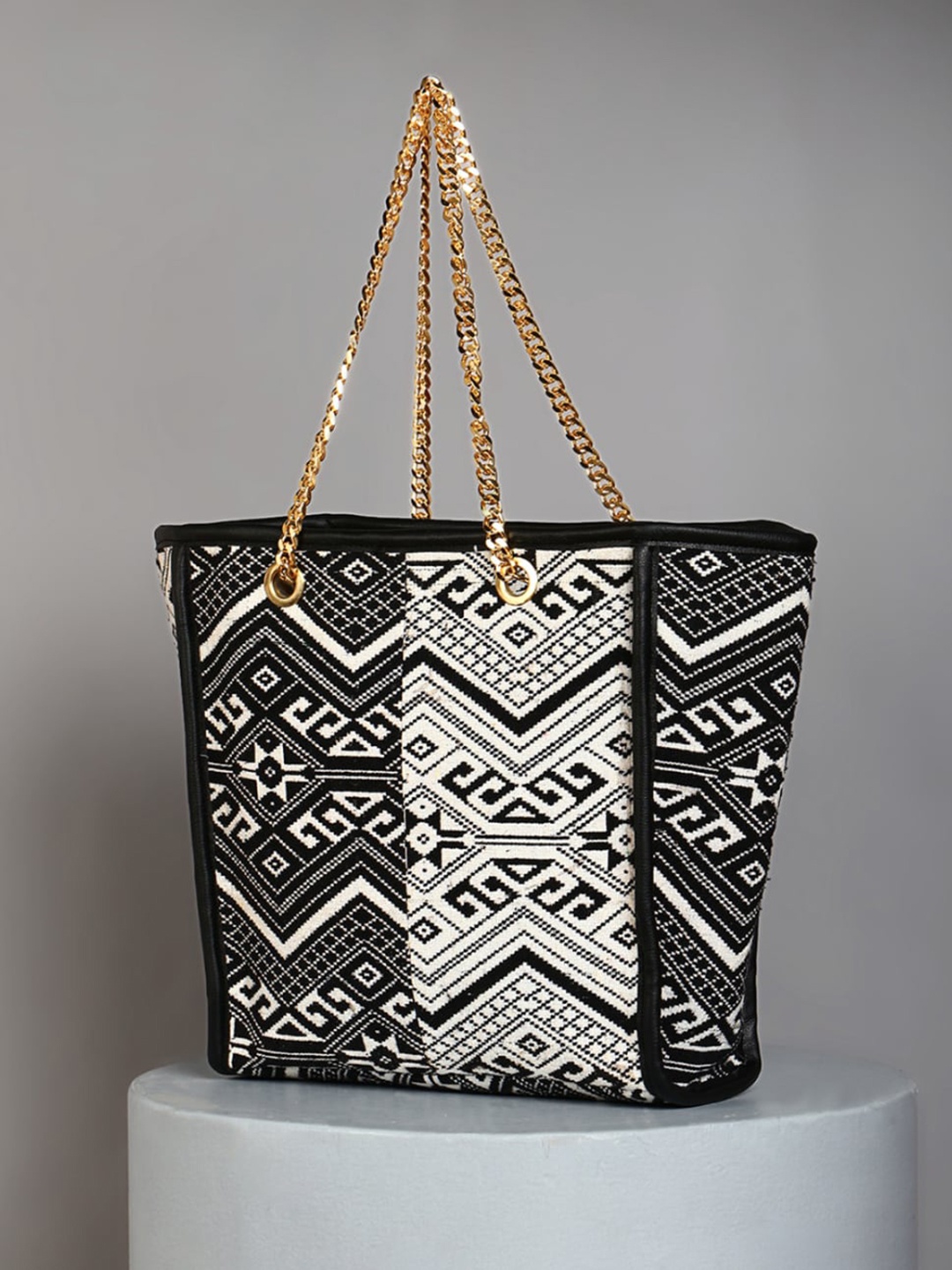 

DEEBACO Geometric Printed Shopper Tote Bag, Black
