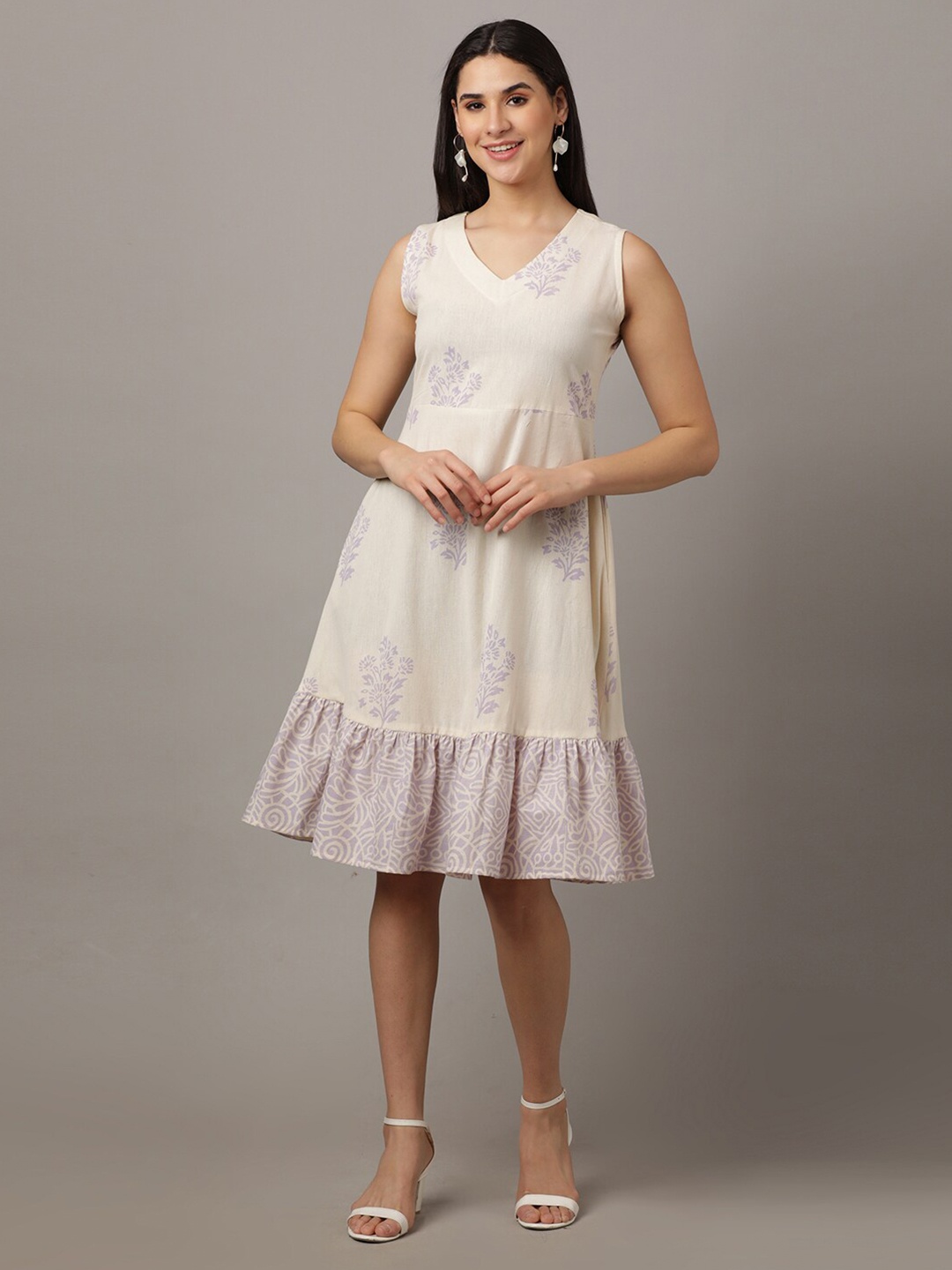 

The Mom Store Floral Printed Cotton Fit & Flare Midi Dress, Cream