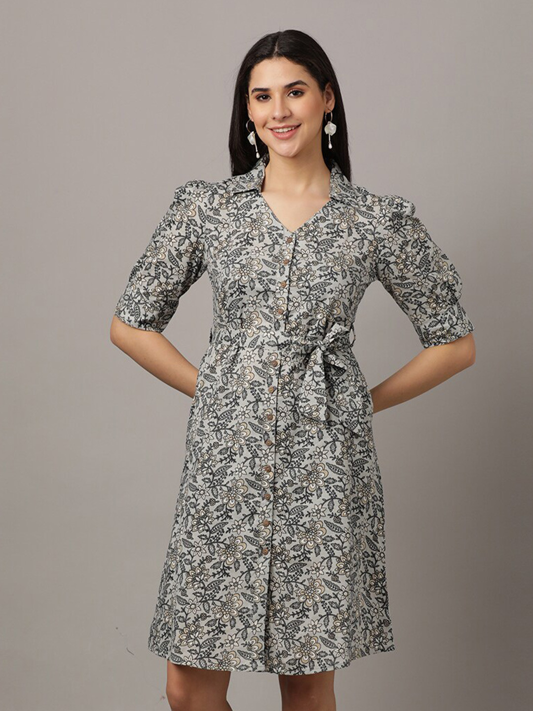 

The Mom Store Floral Printed Puff Sleeves Belted Cotton Shirt Dress, Grey